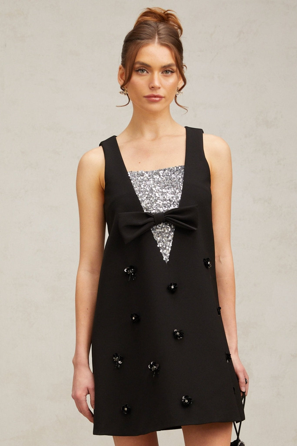 Paola Mini Dress Black Sequin Bow Flower ALine Silhouette