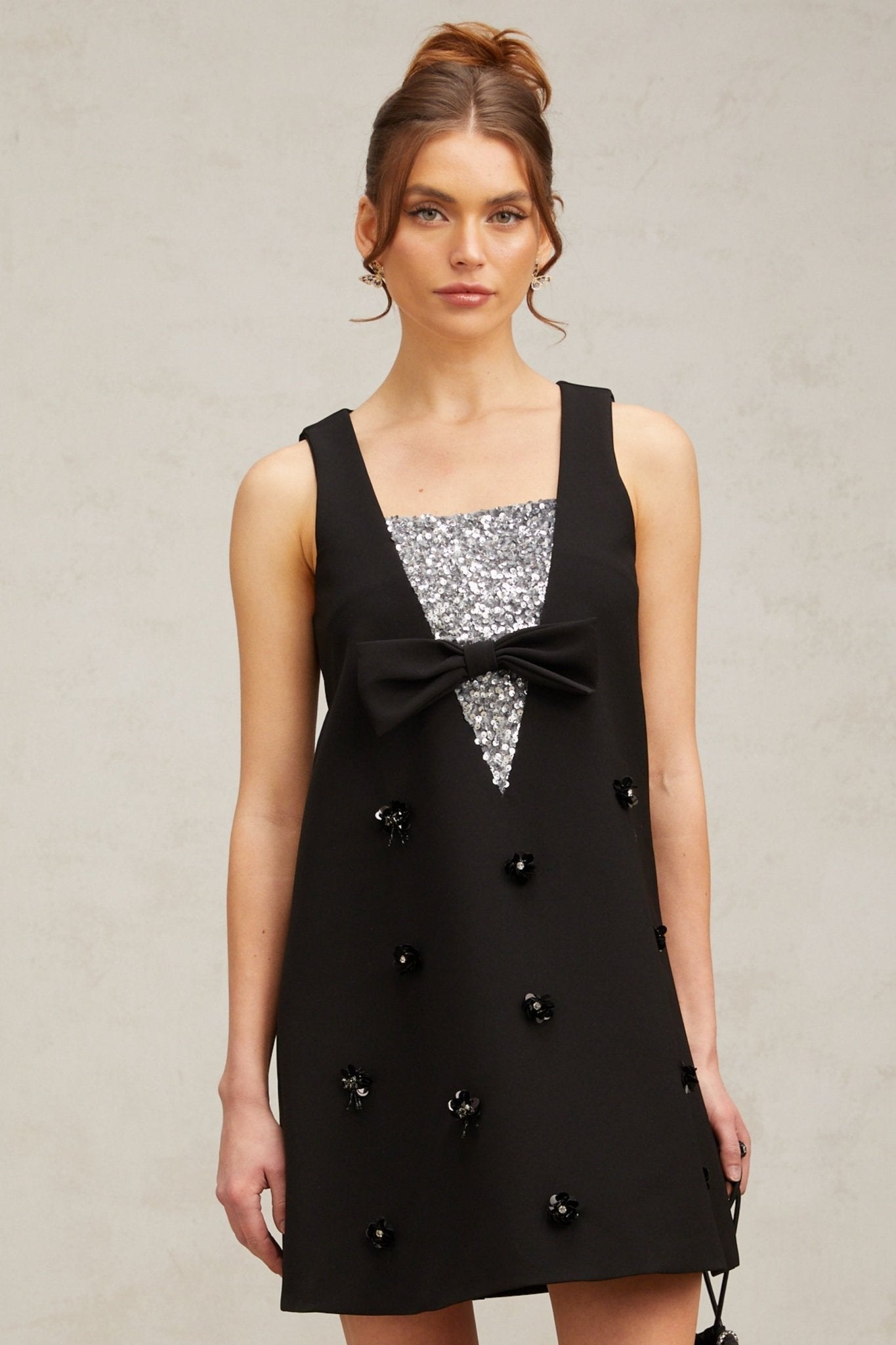 Paola Mini Dress Black Sequin Bow Flower ALine Silhouette