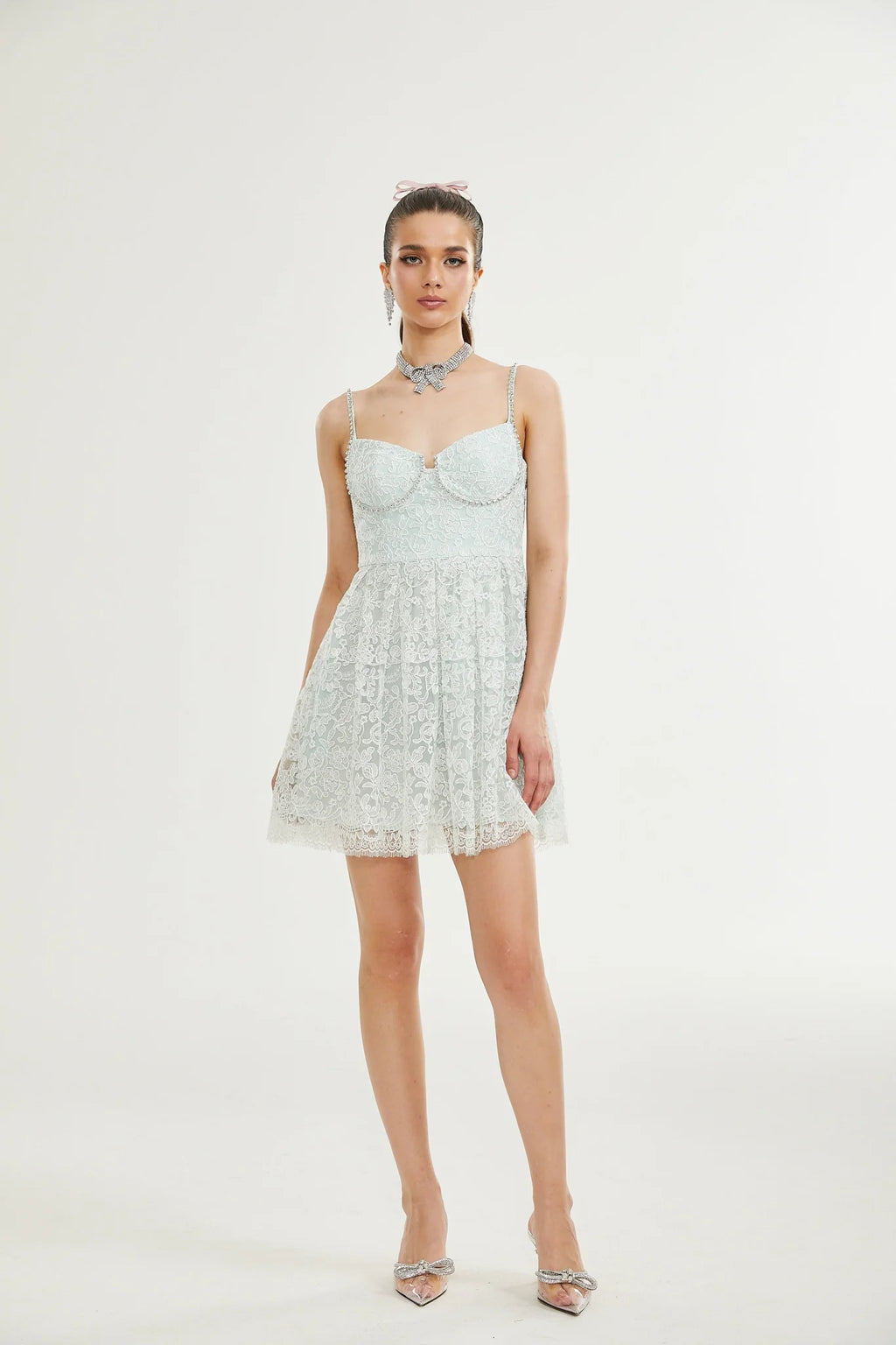 Paola Mini Dress Green Lace Crystal Pleat Embellished