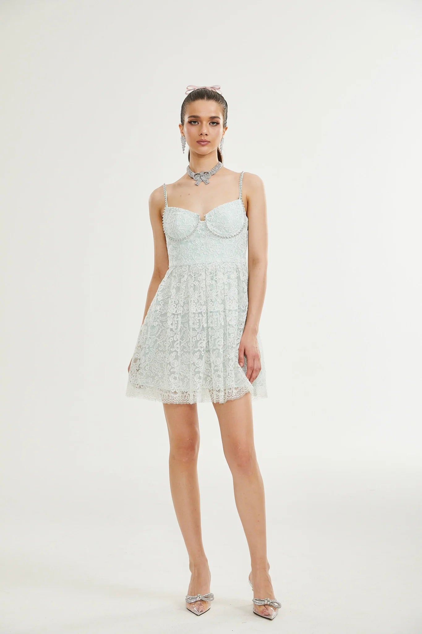 Paola Mini Dress Green Lace Crystal Pleat Embellished