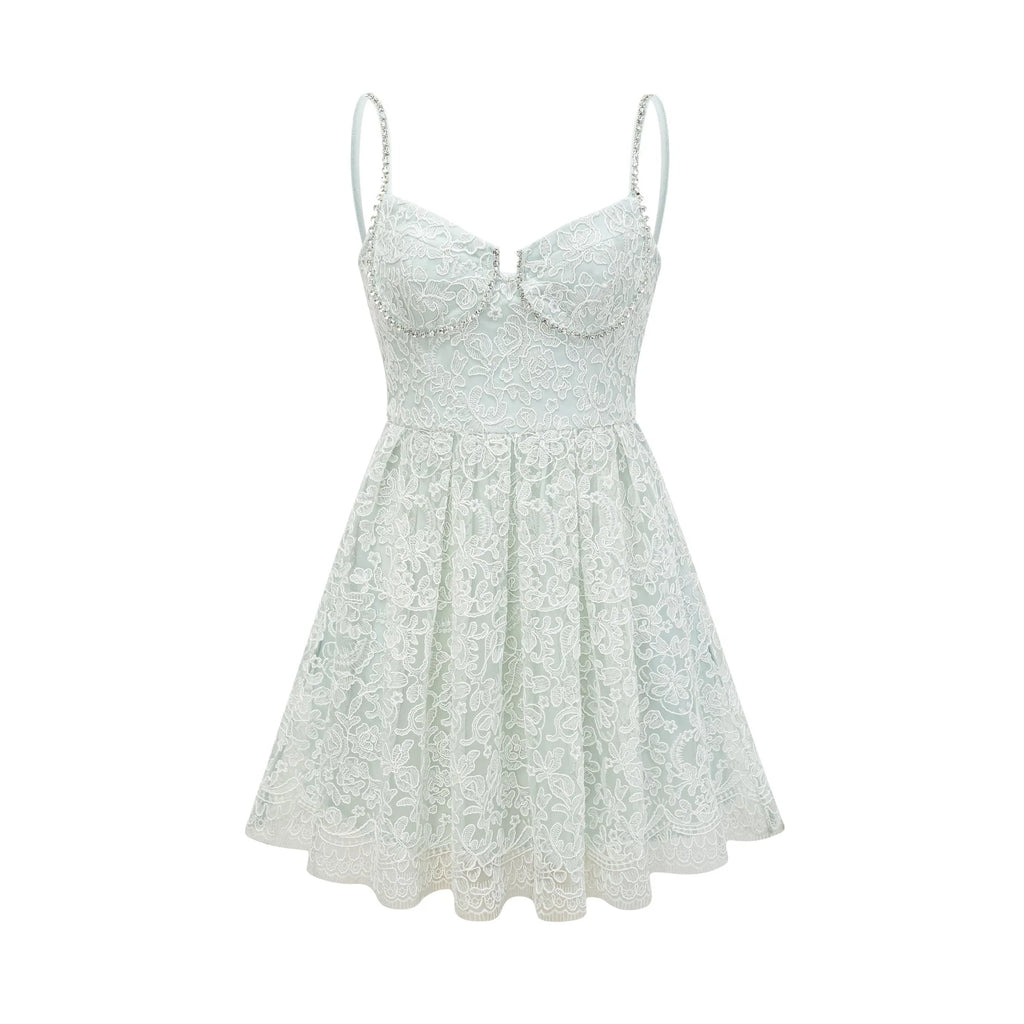 Paola Mini Dress Green Lace Crystal Pleat Embellished