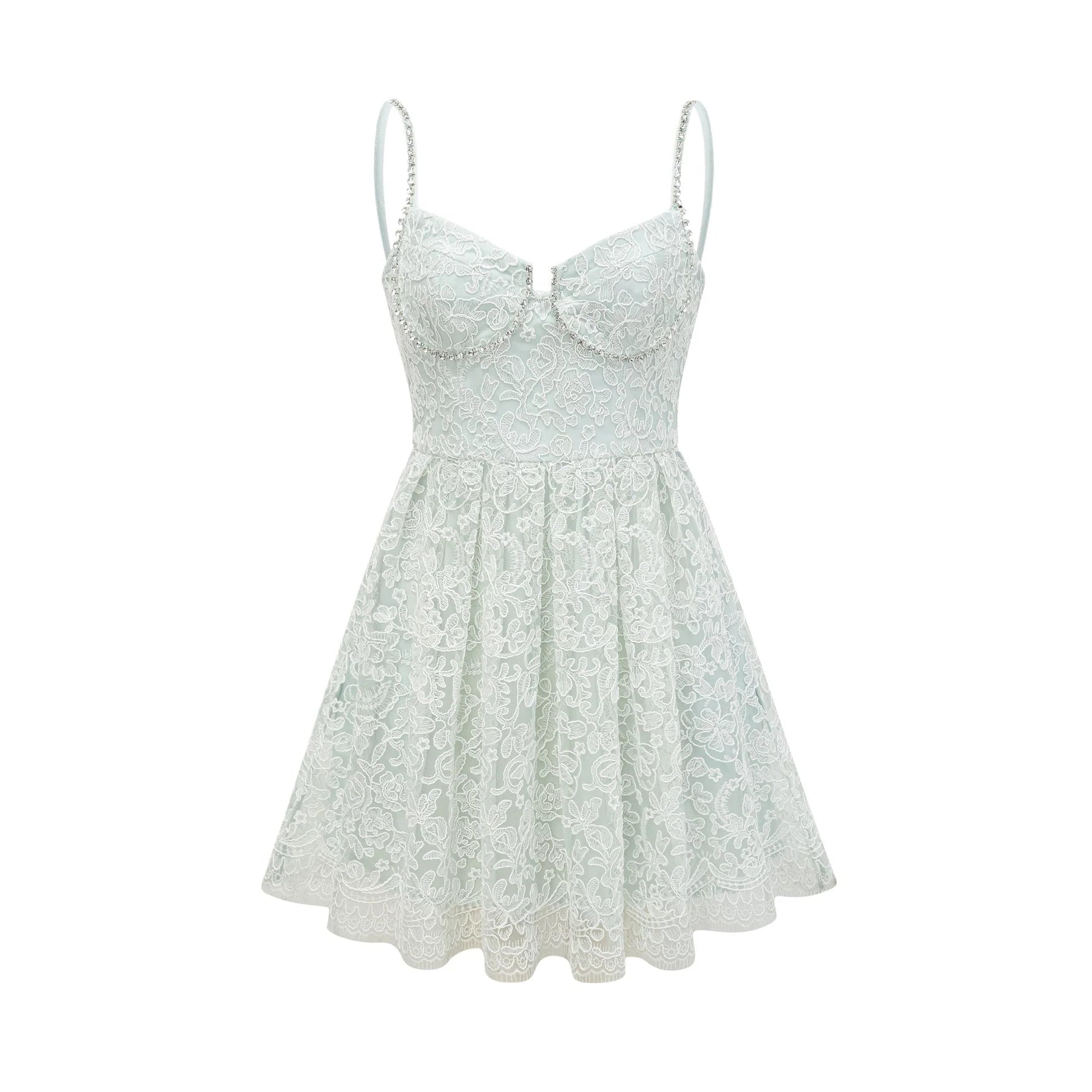 Paola Mini Dress Green Lace Crystal Pleat Embellished