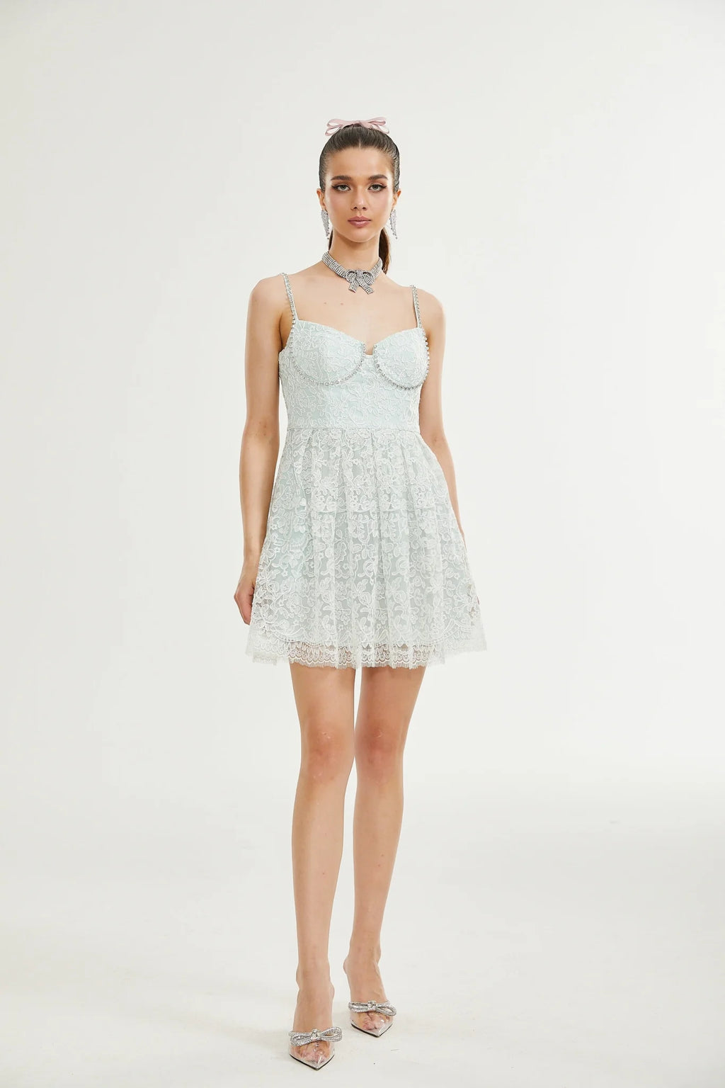 Paola Mini Dress Green Lace Crystal Pleat Embellished