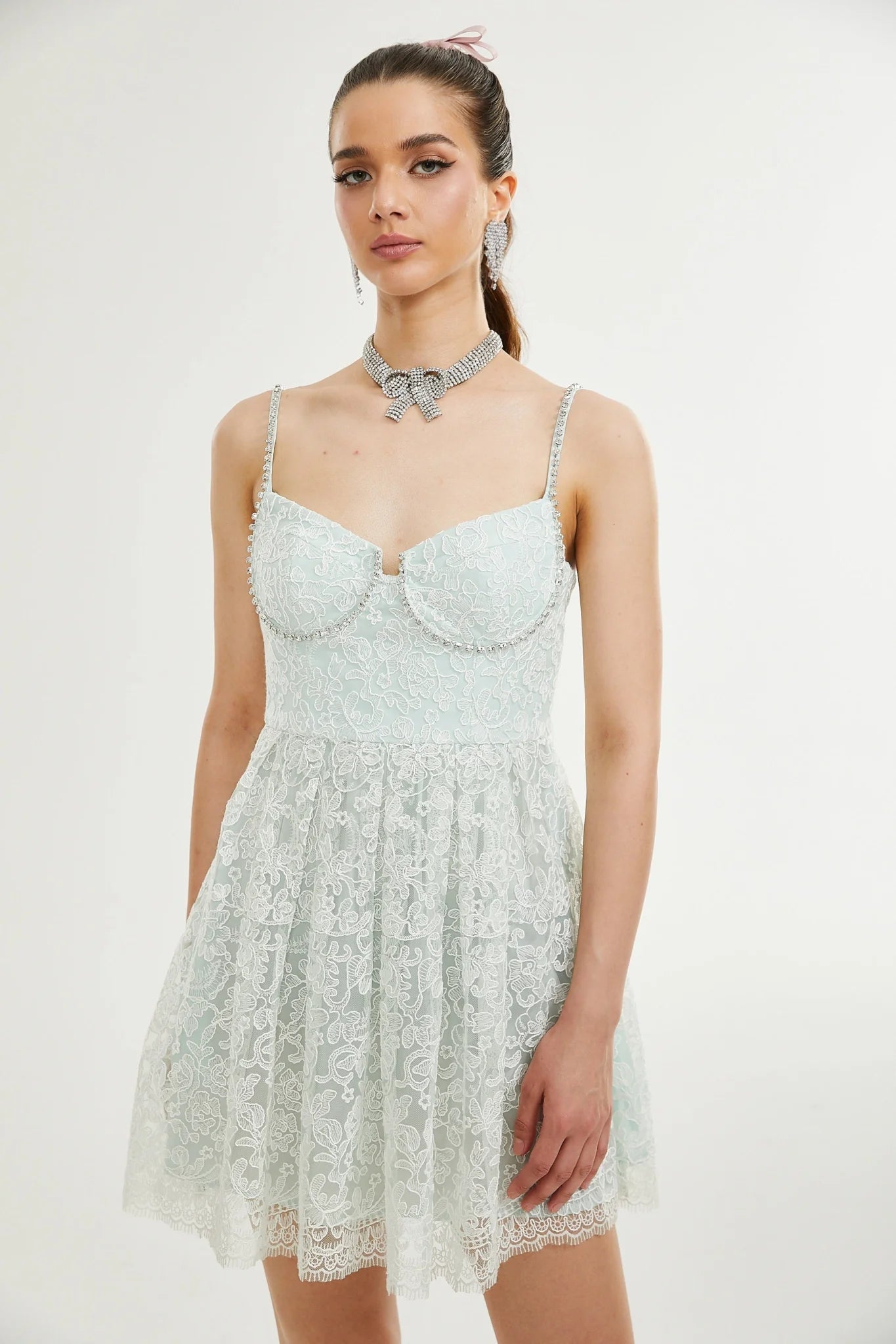 Paola Mini Dress Green Lace Crystal Pleat Embellished