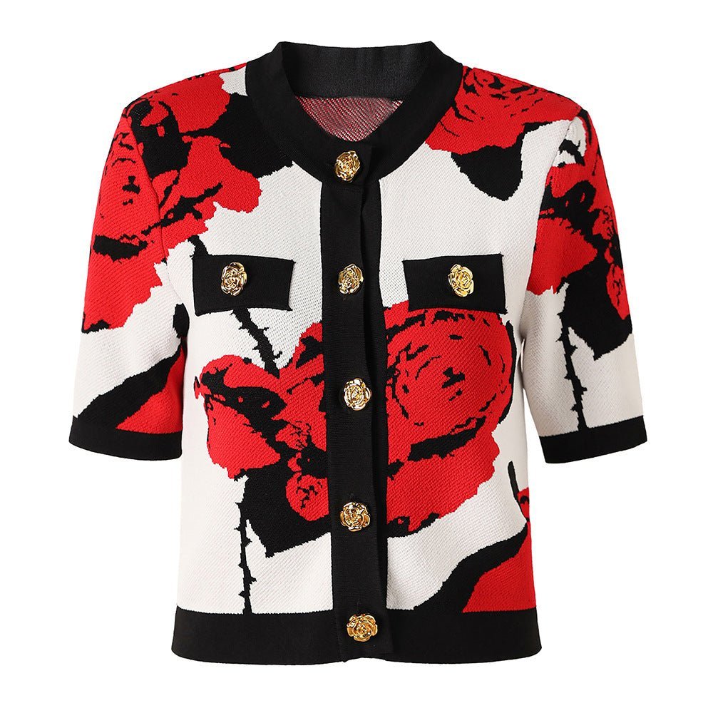 Paola Top – Short Sleeve Boxy Fit – Floral Pattern – Gold Button Detail – Decorative Pockets – Textured Knit Fabric – Casual Style