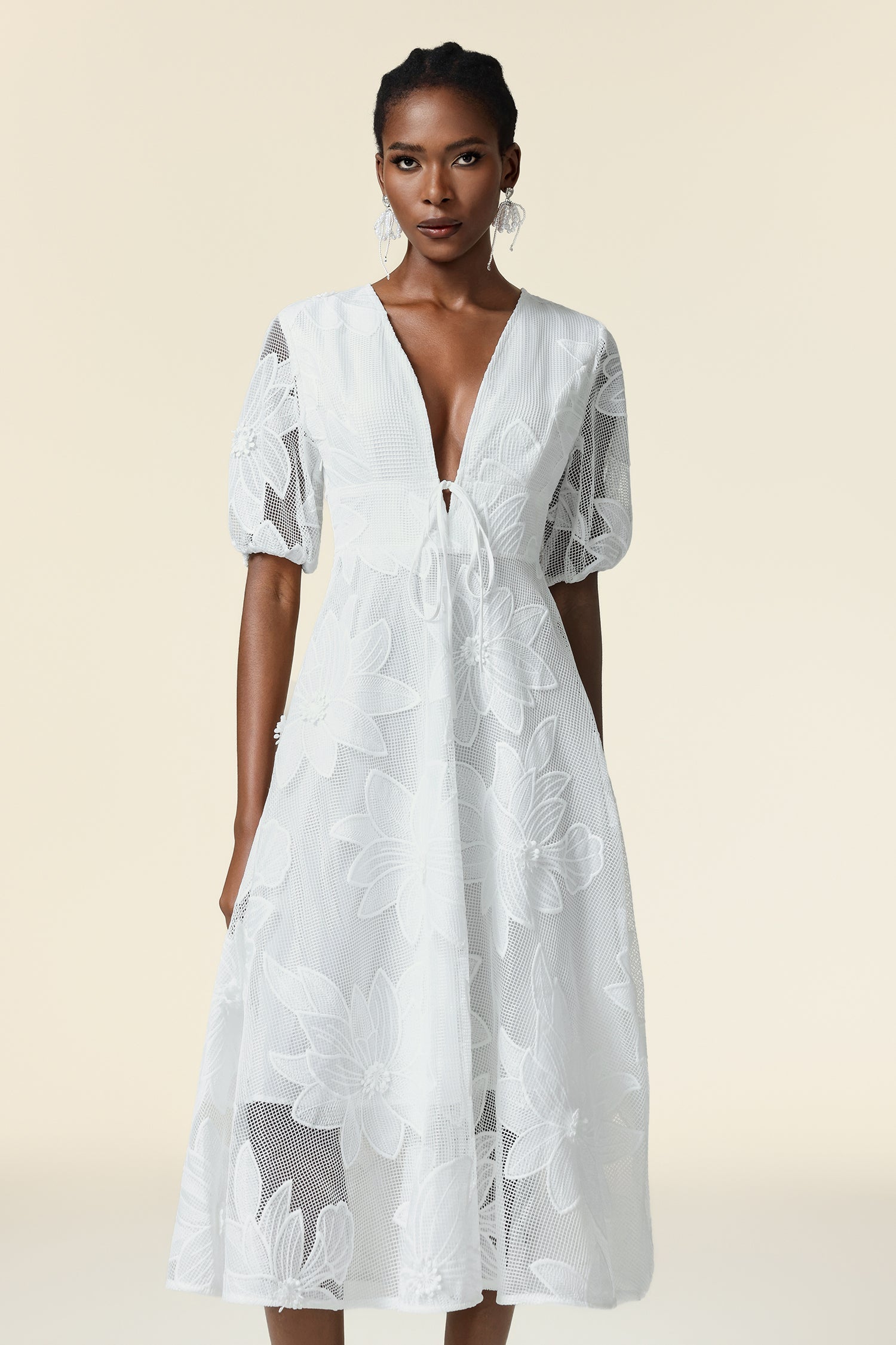 Paola White Lace Floral Dress with Puff Sleeves Deep V Neckline