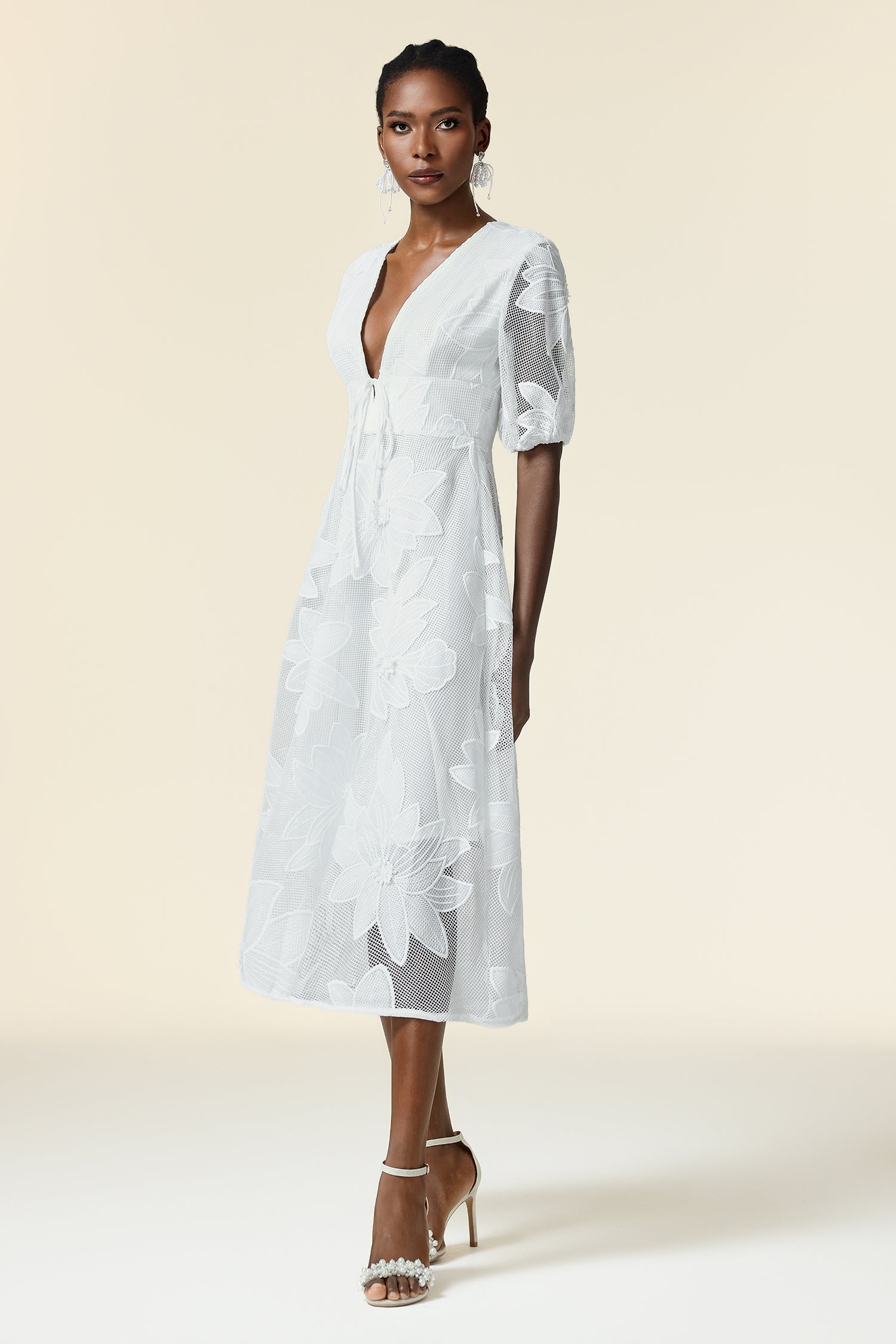 Paola White Lace Floral Dress with Puff Sleeves Deep-V Neckline Summer Garden Party Formal Evening Outfit