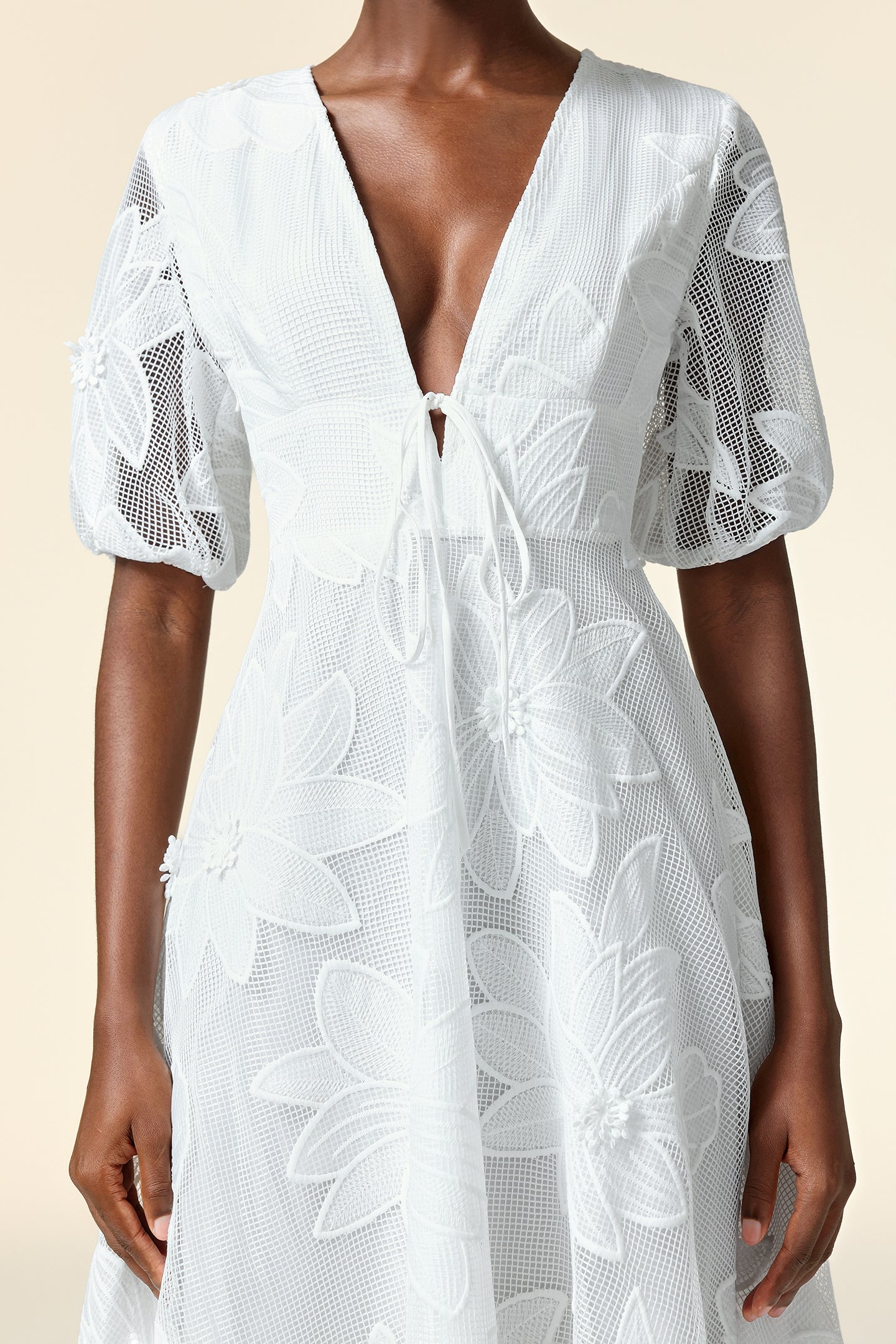 Paola White Lace Floral Puff Sleeve Maxi Dress