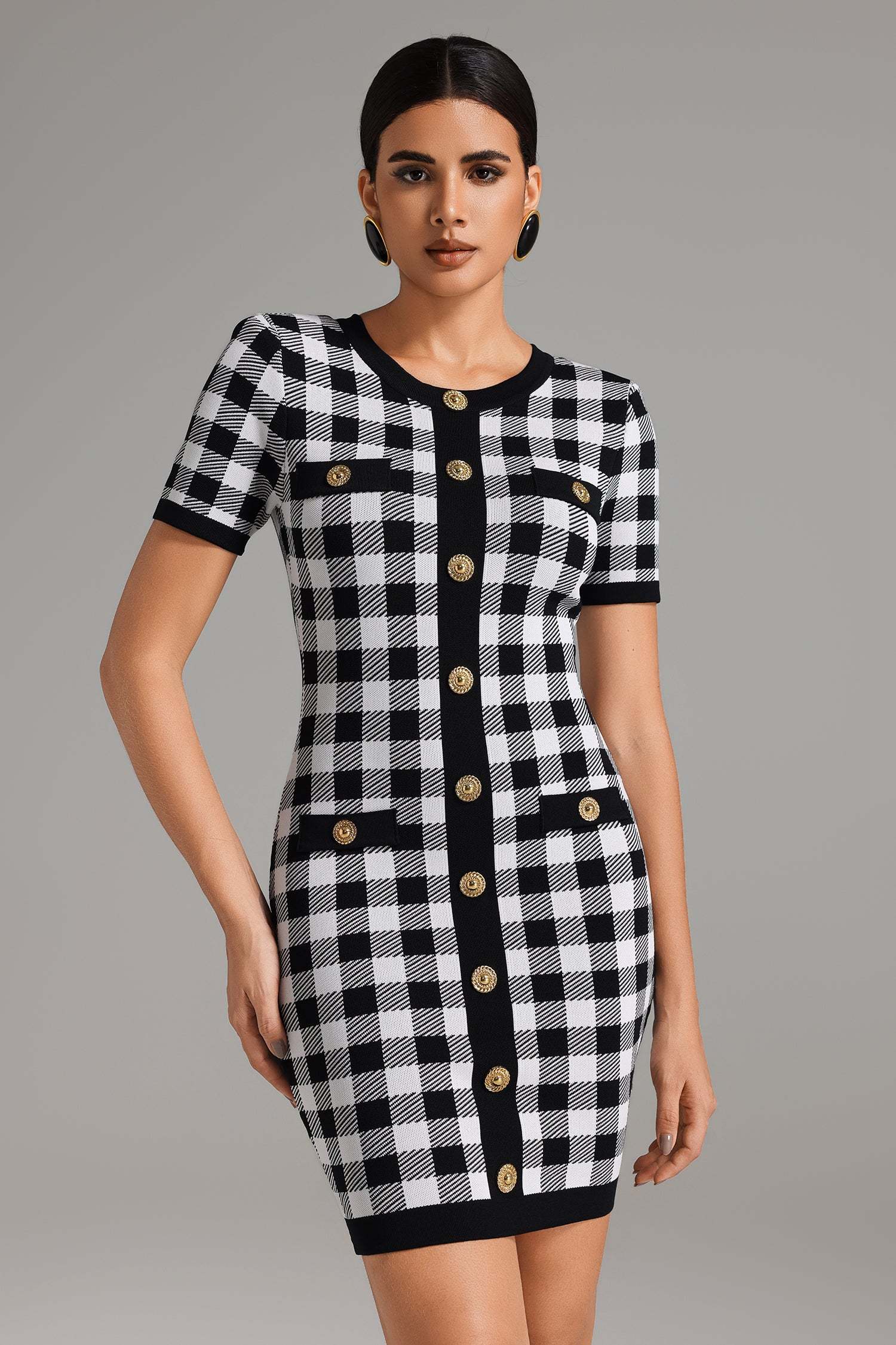 Paolina Black Plaid Mini Dress with Button Detailing and Pockets