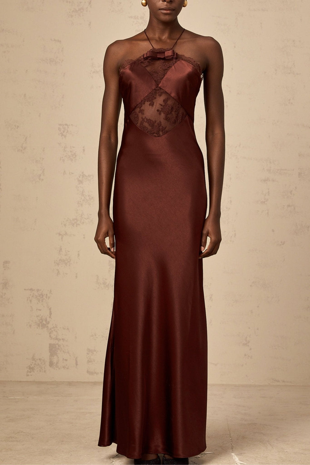 Paolina Maxi Dress in Bordeaux Red with Lace Panelling
