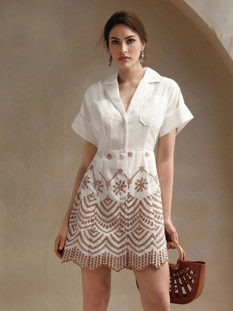 Paolina Midi Dress - Collared Neckline - Batwing Sleeves - High Waist - Geometric Pattern - Casual Style