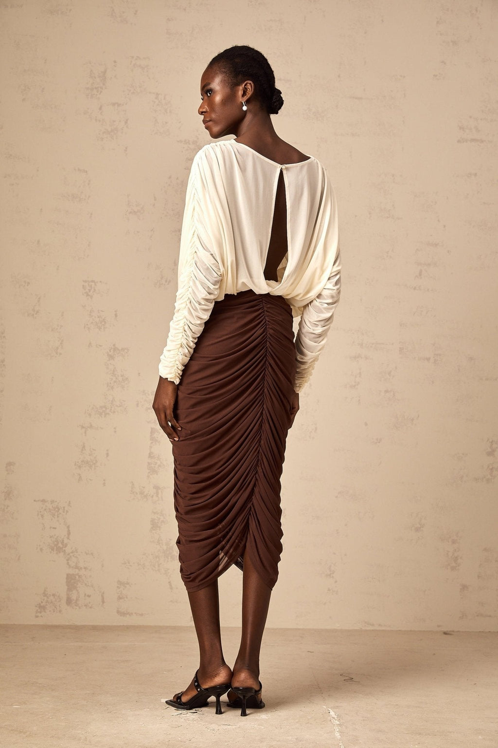 Paolina Midi Dress Color Block Flower Brooch Ruched & Plunging VNeck