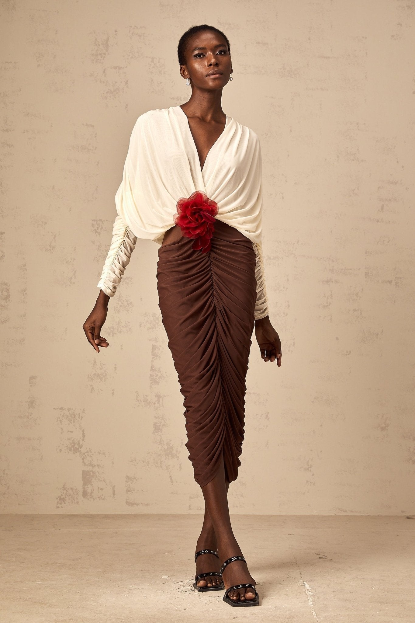 Paolina Midi Dress Color Block Flower Brooch Ruched & Plunging VNeck