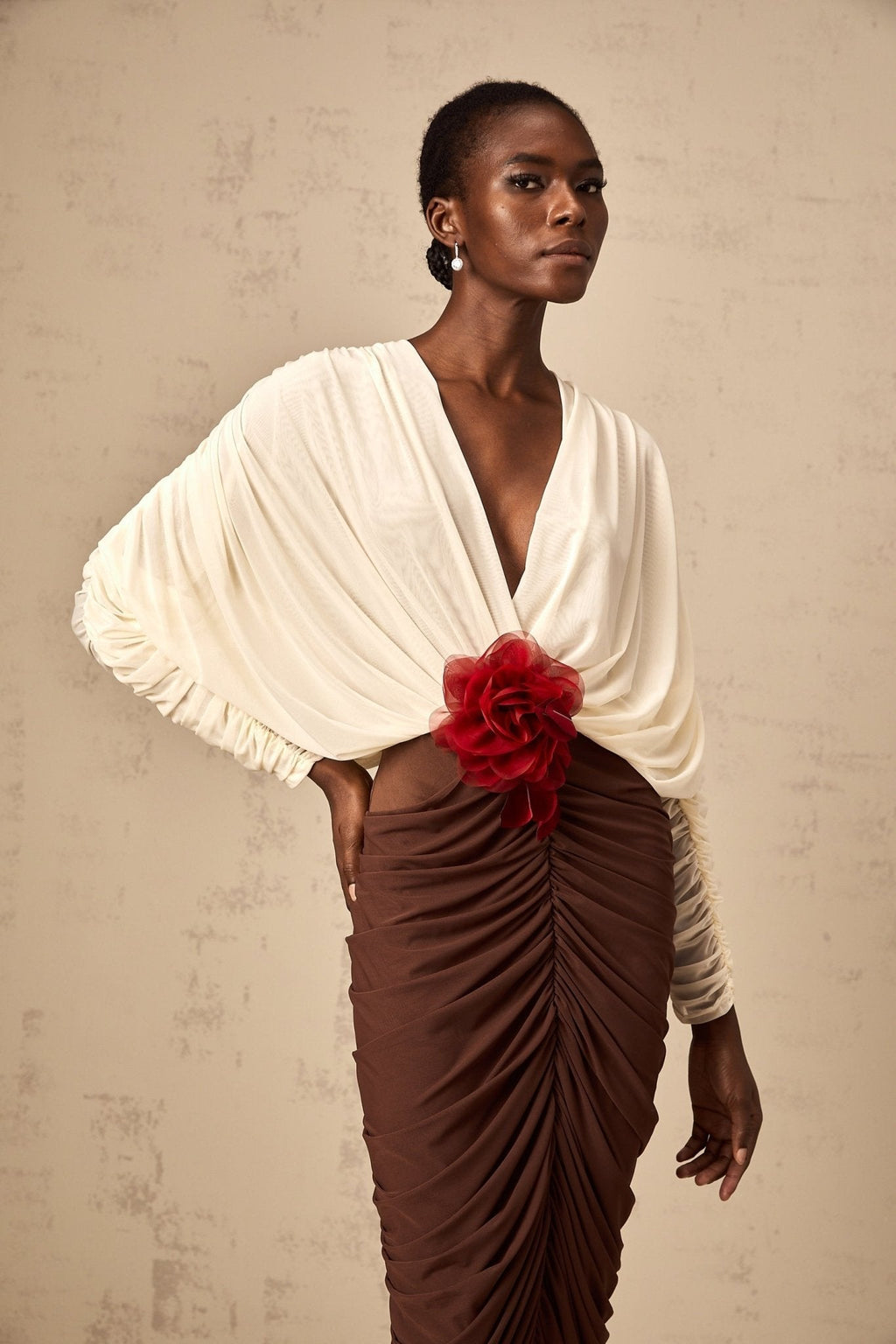 Paolina Midi Dress Color Block Flower Brooch Ruched & Plunging VNeck