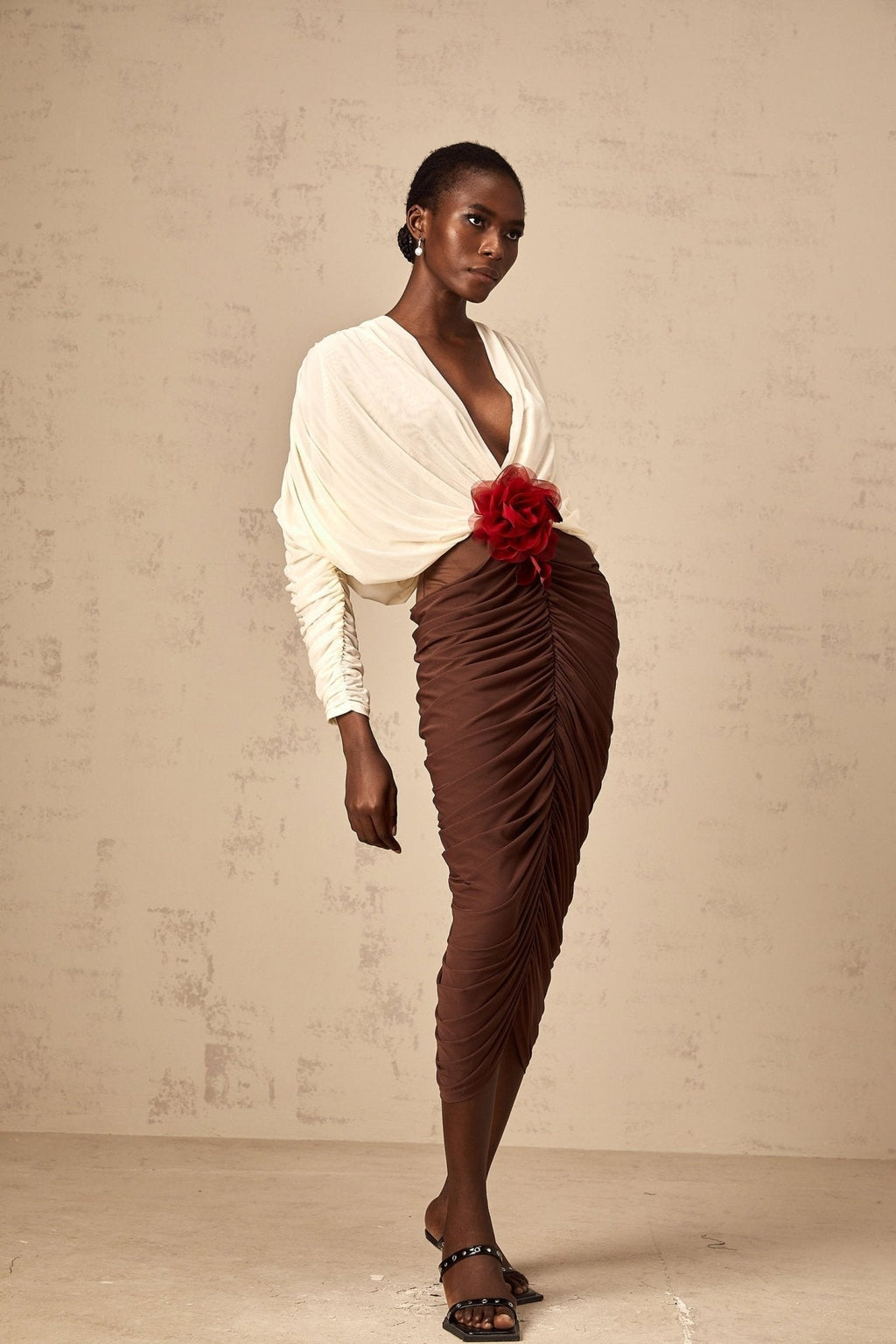 Paolina Midi Dress Color Block Flower Brooch Ruched & Plunging VNeck