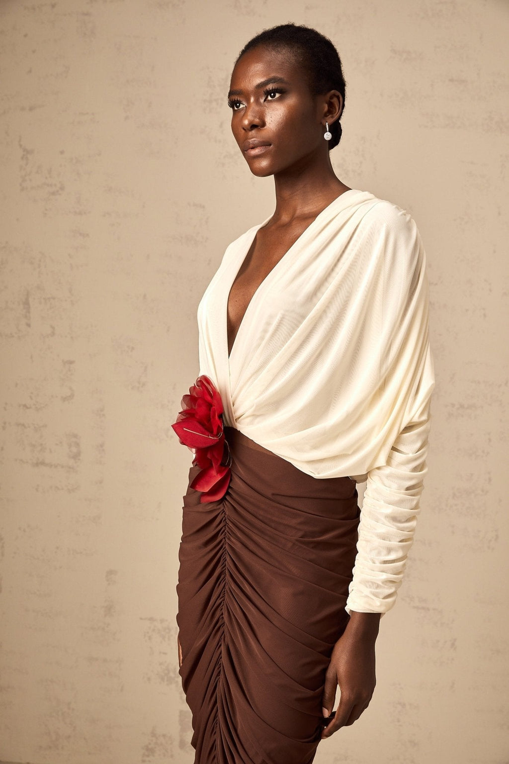 Paolina Midi Dress Color Block Flower Brooch Ruched & Plunging VNeck