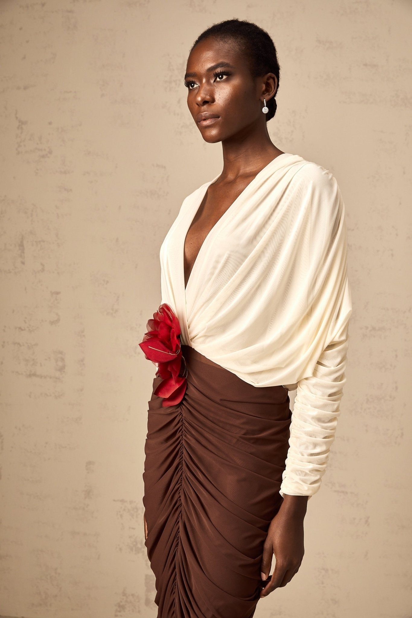 Paolina Midi Dress Color Block Flower Brooch Ruched & Plunging VNeck