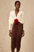 Paolina Midi Dress Color Block Flower Brooch Ruched & Plunging VNeck