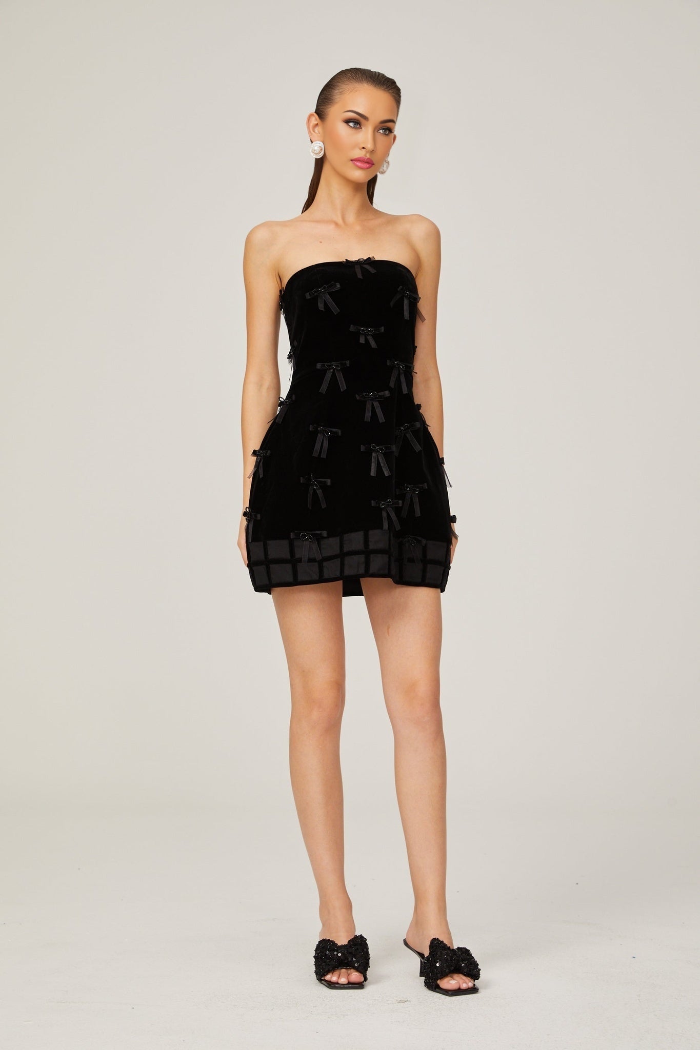 Paolina Mini Dress Black Bow Off The Shoulder ALine Flare