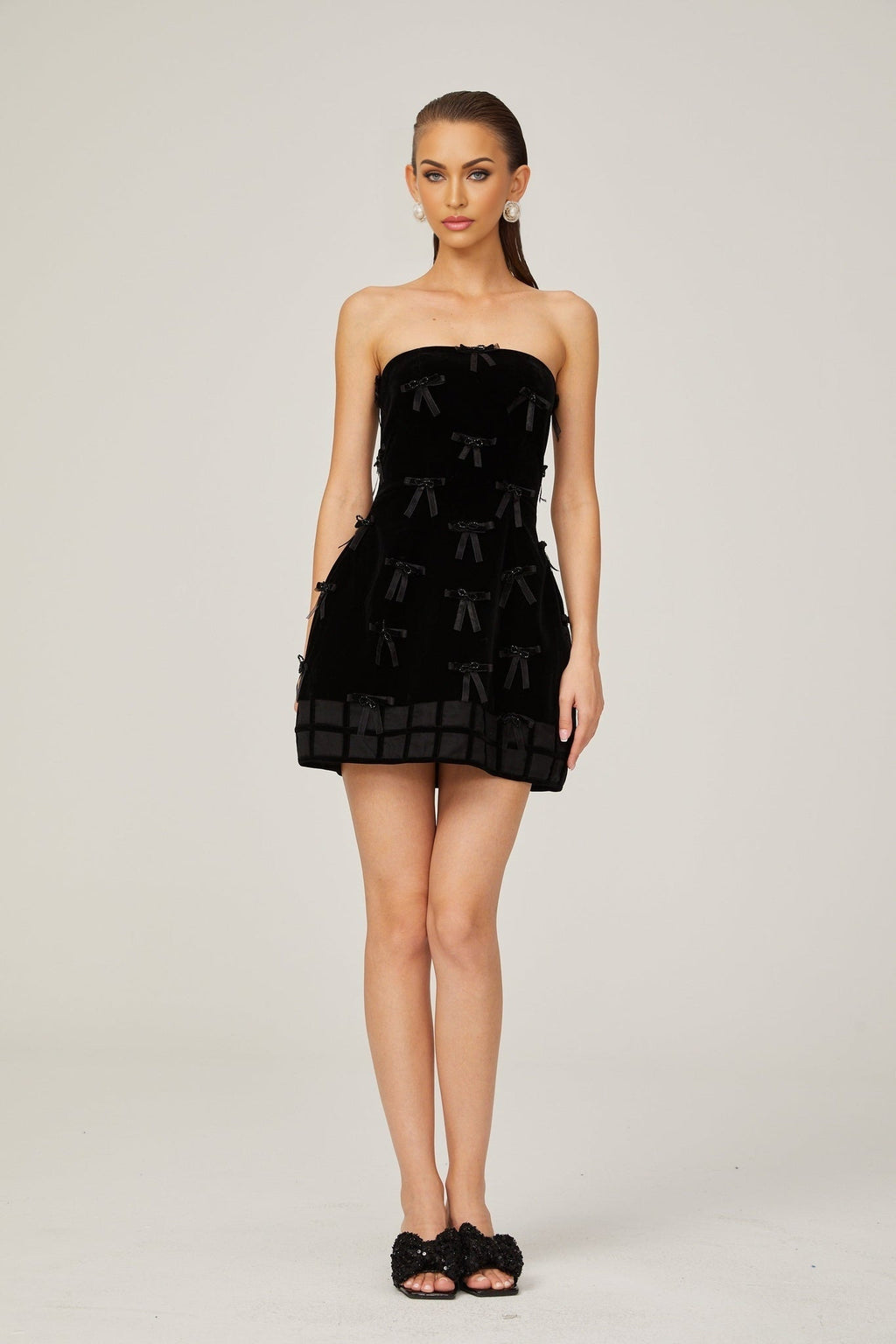Paolina Mini Dress Black Bow Off The Shoulder ALine Flare
