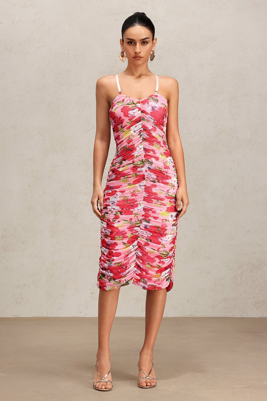 Paolina Pink Floral Print Bodycon Halter Midi Dress