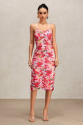 Paolina Pink Floral Print Bodycon Halter Midi Dress