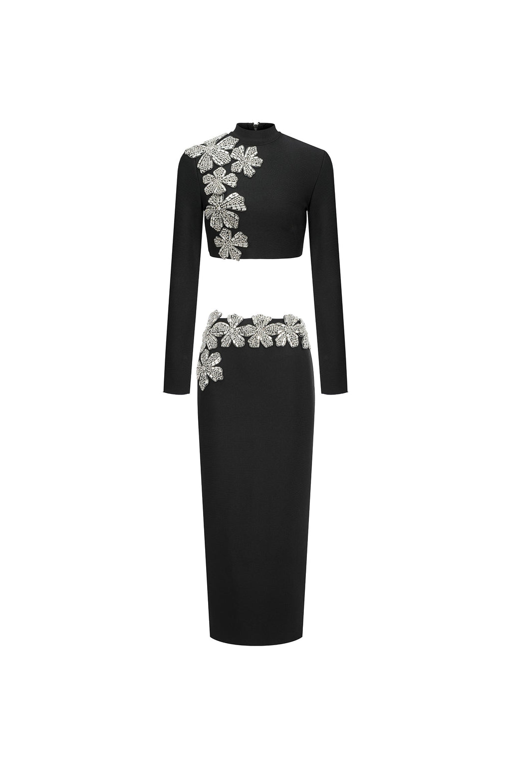 Paris Black Bandage Diamond Flower Embellished Two-Piece Dress