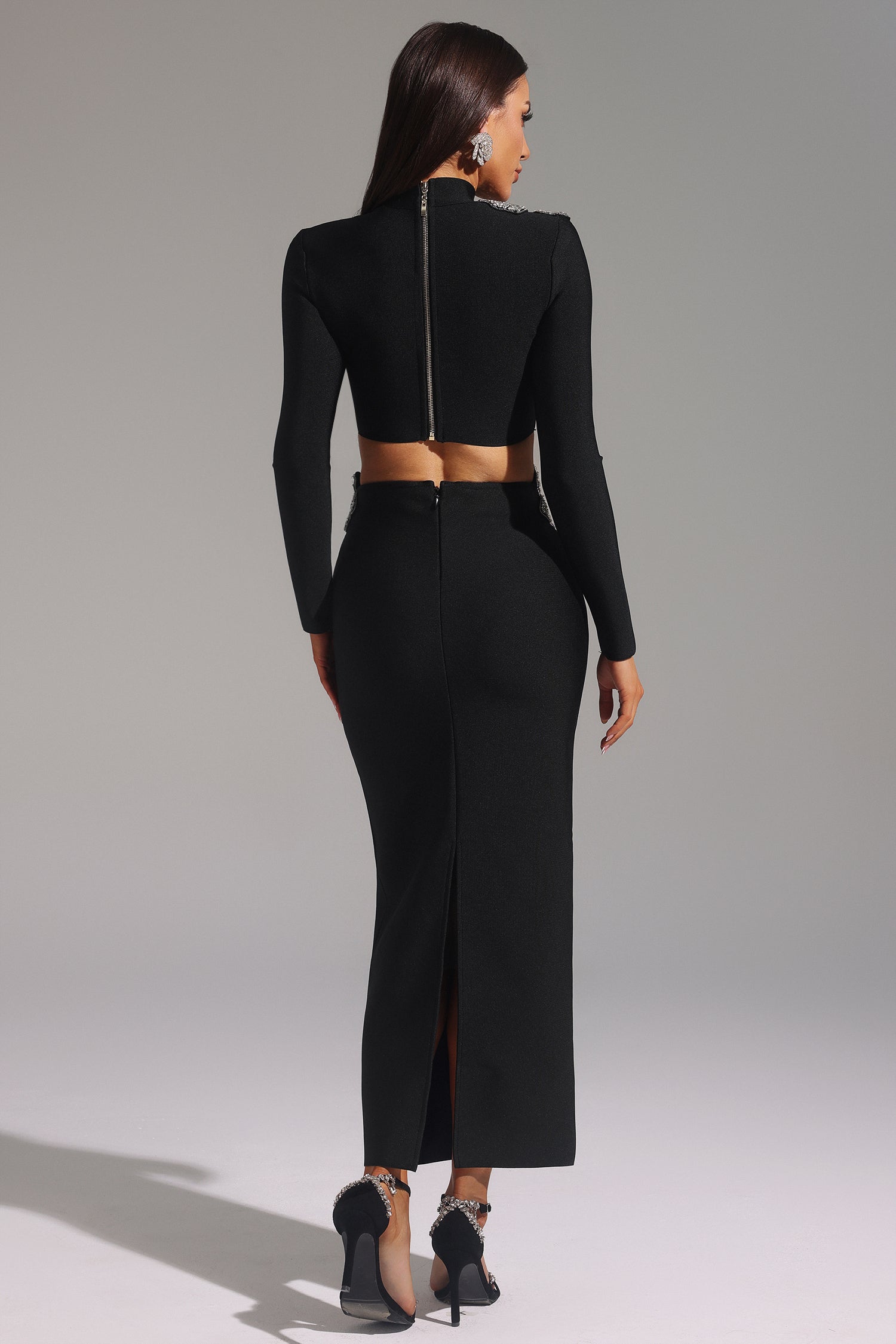Paris Black Bandage Diamond Flower Embellished Two Piece Dress