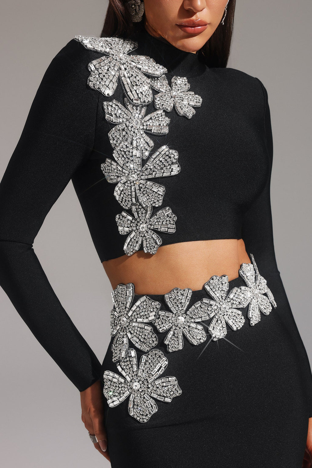 Paris Black Bandage Diamond Flower Embellished Two-Piece Dress