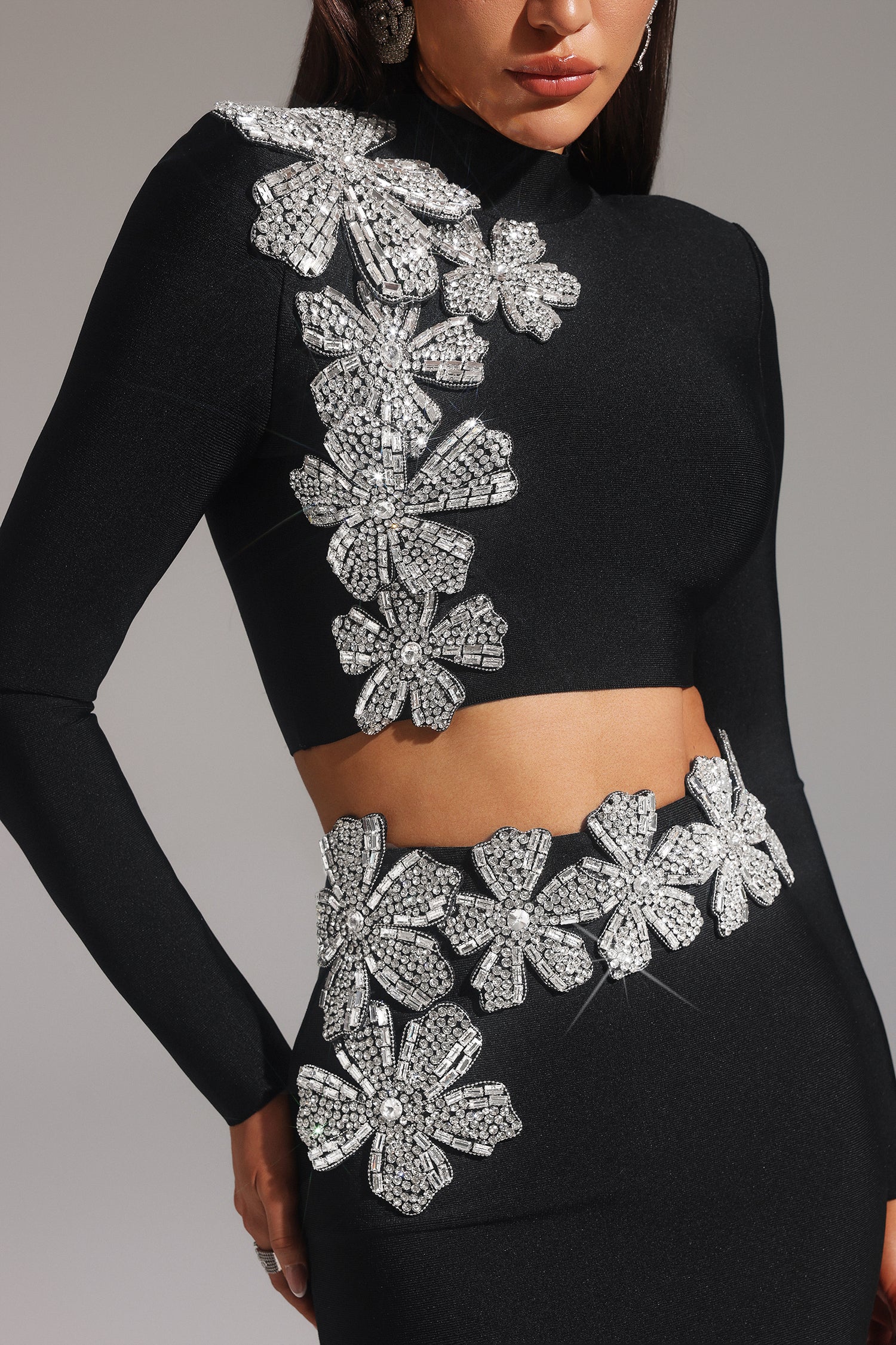 Paris Black Bandage Diamond Flower Embellished Two-Piece Dress