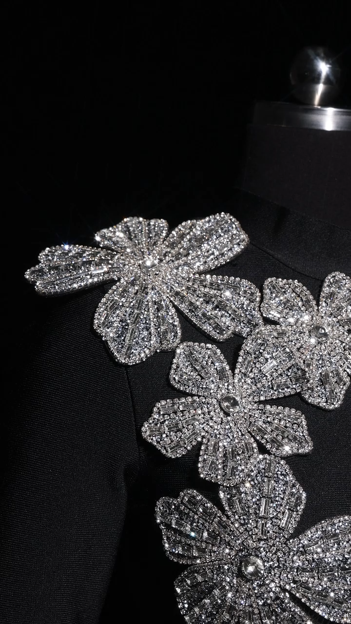Paris Black Bandage Diamond Flower Embellished Two-Piece Dress