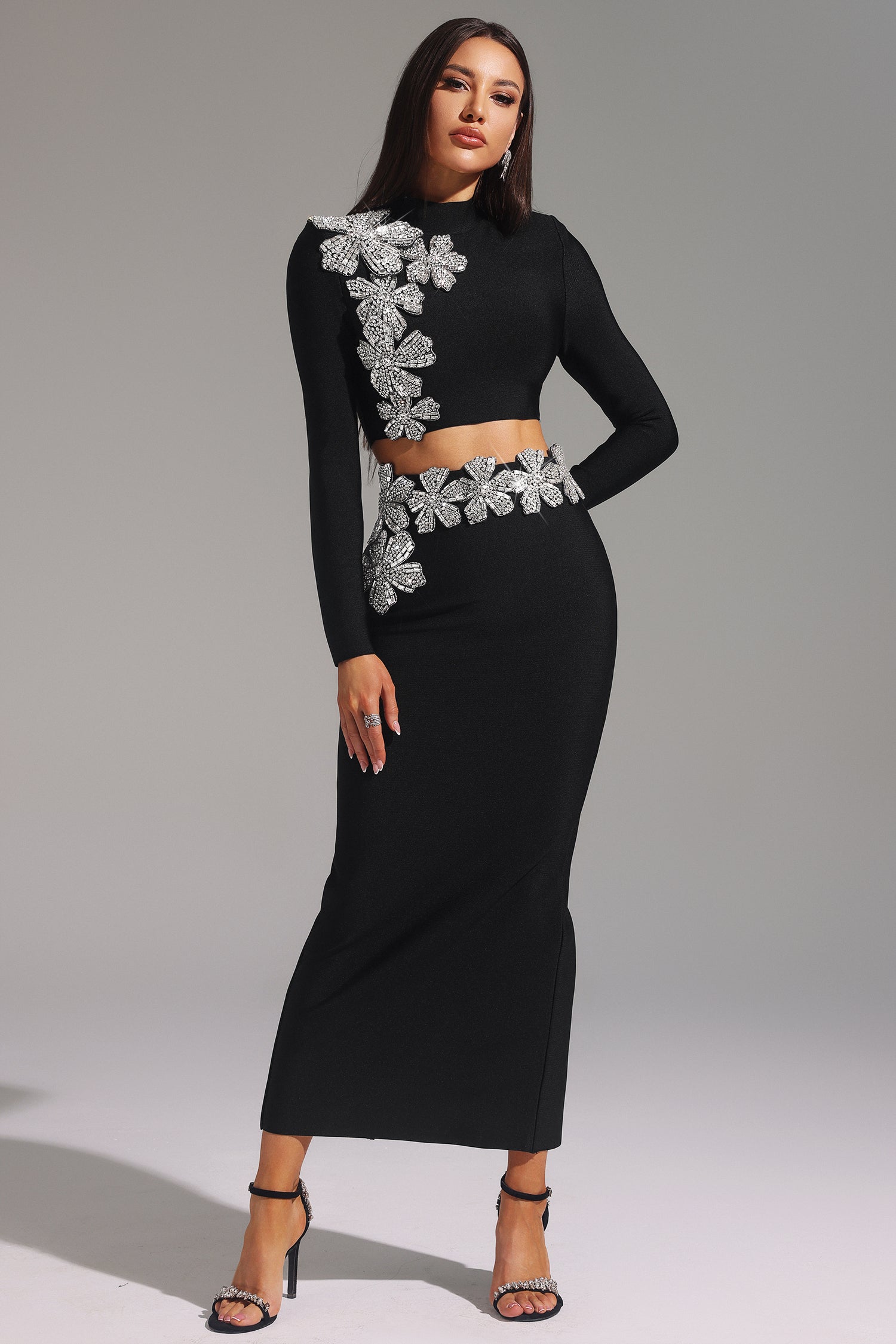 Paris Black Bandage Dress Diamond Flower Embellishments High Neckline Evening Events Formal Gatherings