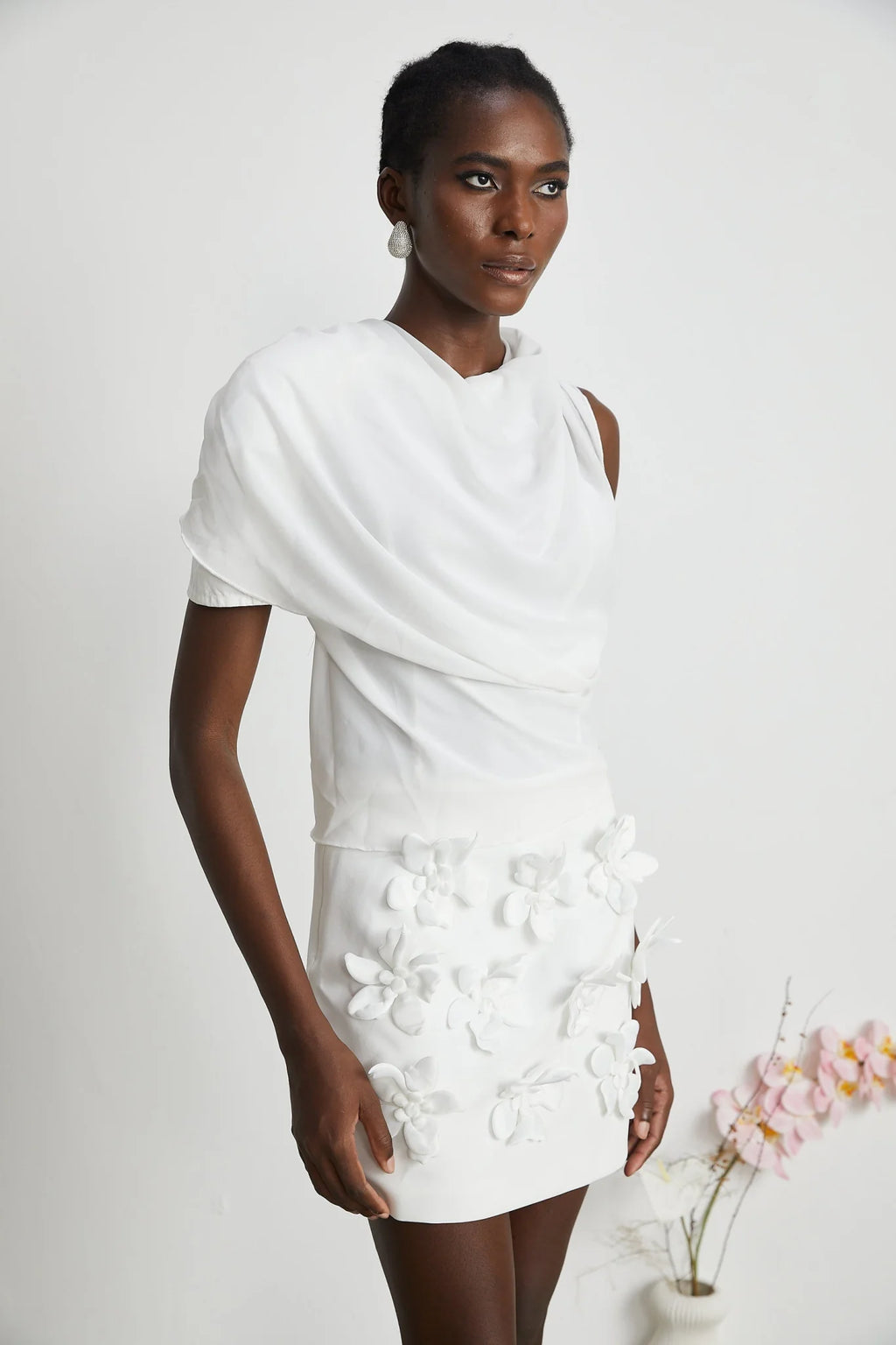 Paris Blouse Paris Chiffon One Shoulder White Asymmetric Hem Blouse