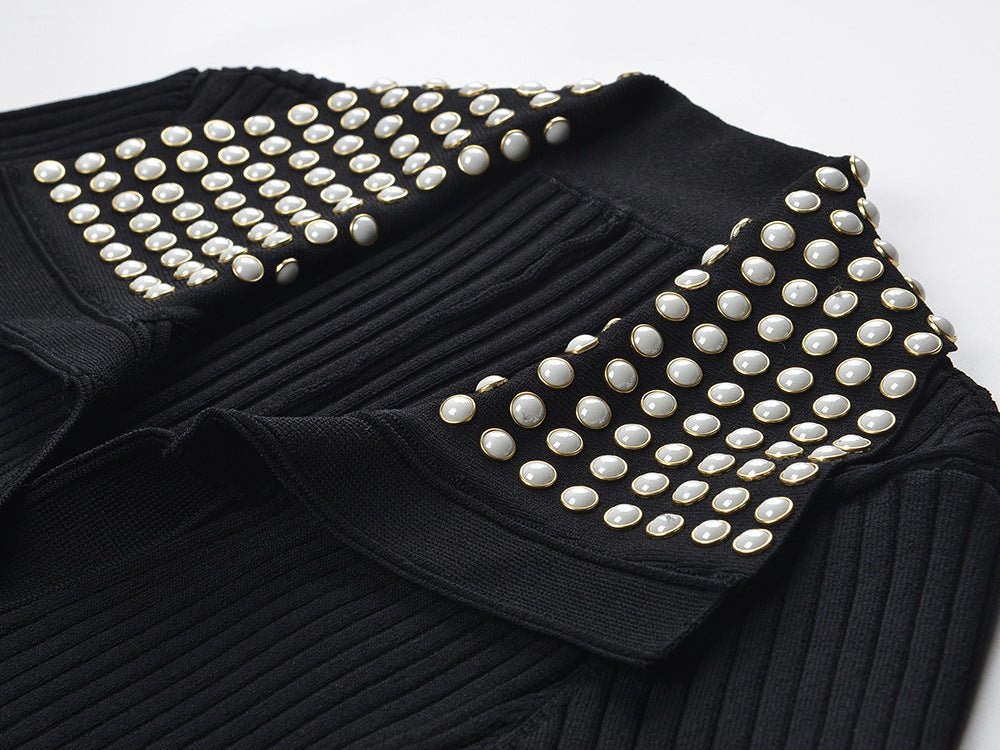 Paris Dress - Maxi Length Fitted Bodice - Ribbed Texture Button - Down Front - Slim Silhouette - Studded Collar Accent