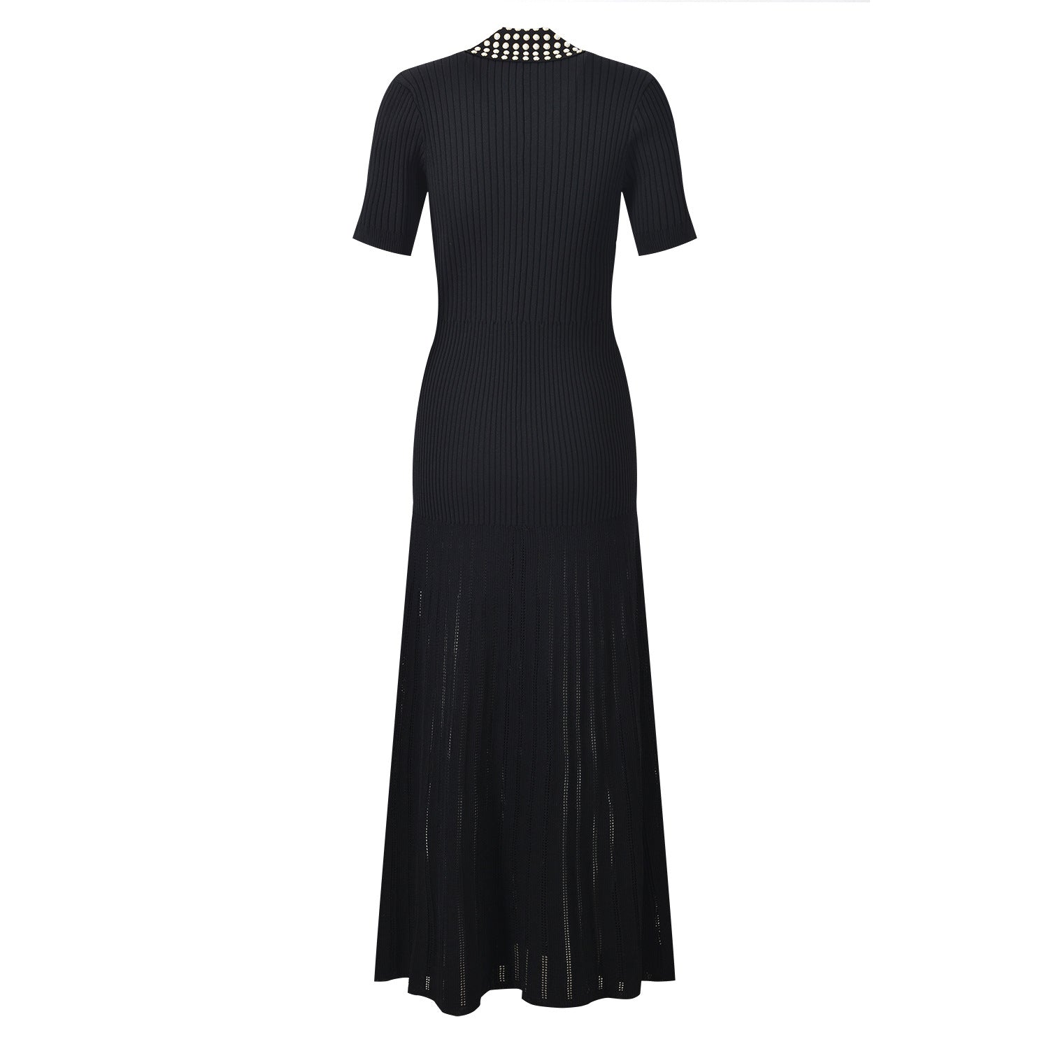Paris Dress - Maxi Length Fitted Bodice - Ribbed Texture Button - Down Front - Slim Silhouette - Studded Collar Accent