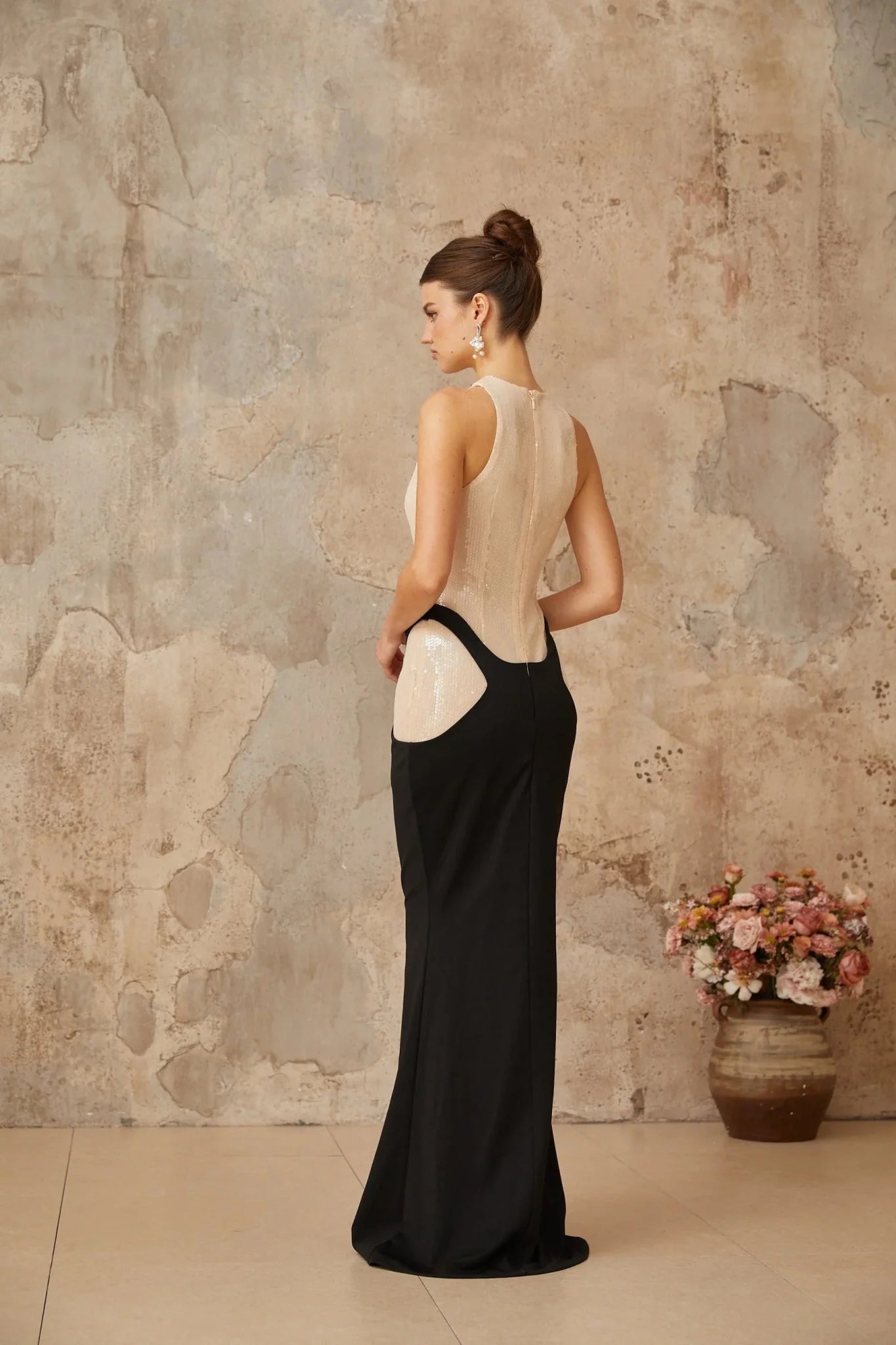 Paris Maxi Dress Black Sequin Panel Flare Hem Open - Back