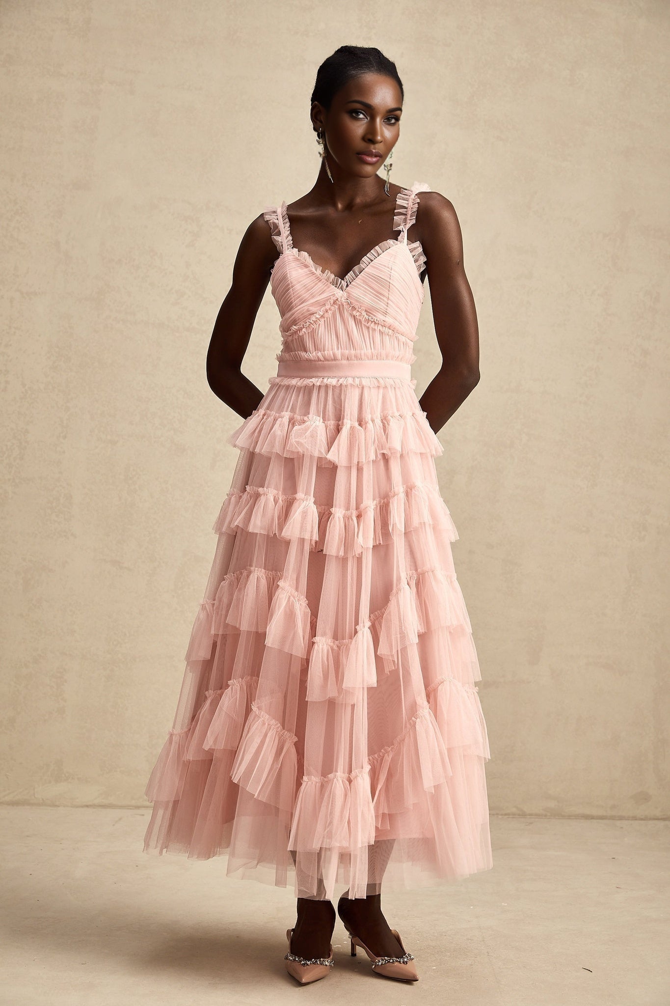 Paris Maxi Dress - Feminine Ruffled Tulle Design in Vibrant Pink