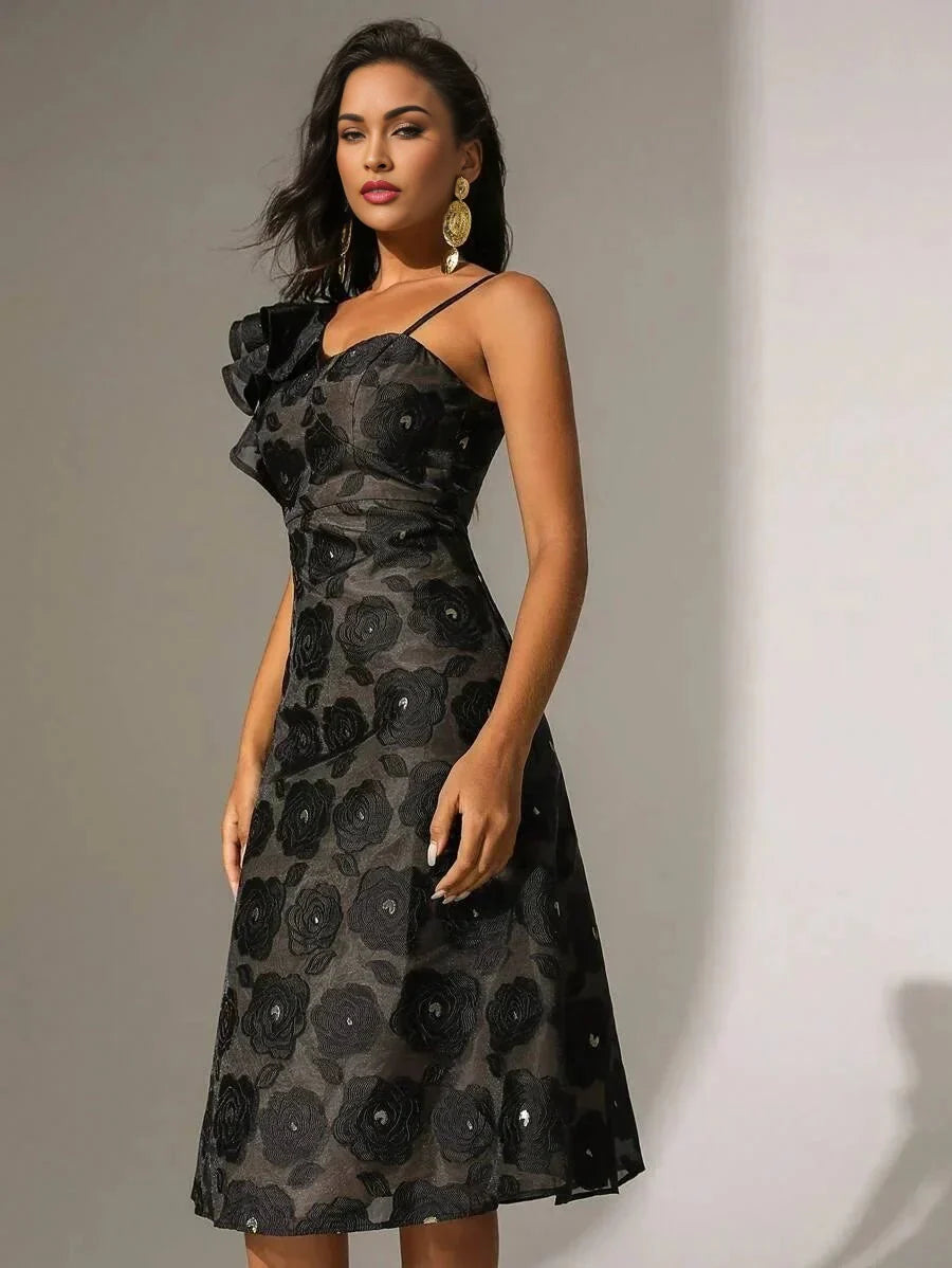 Paris Midi Dress - Asymmetrical Neck - Flounce Sleeve - High Waist - Floral Pattern - Elegant Style