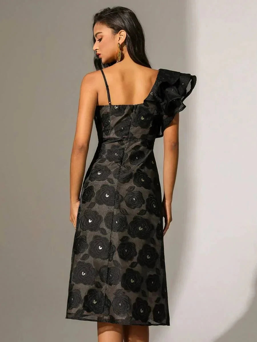 Paris Midi Dress - Asymmetrical Neck - Flounce Sleeve - High Waist - Floral Pattern - Elegant Style
