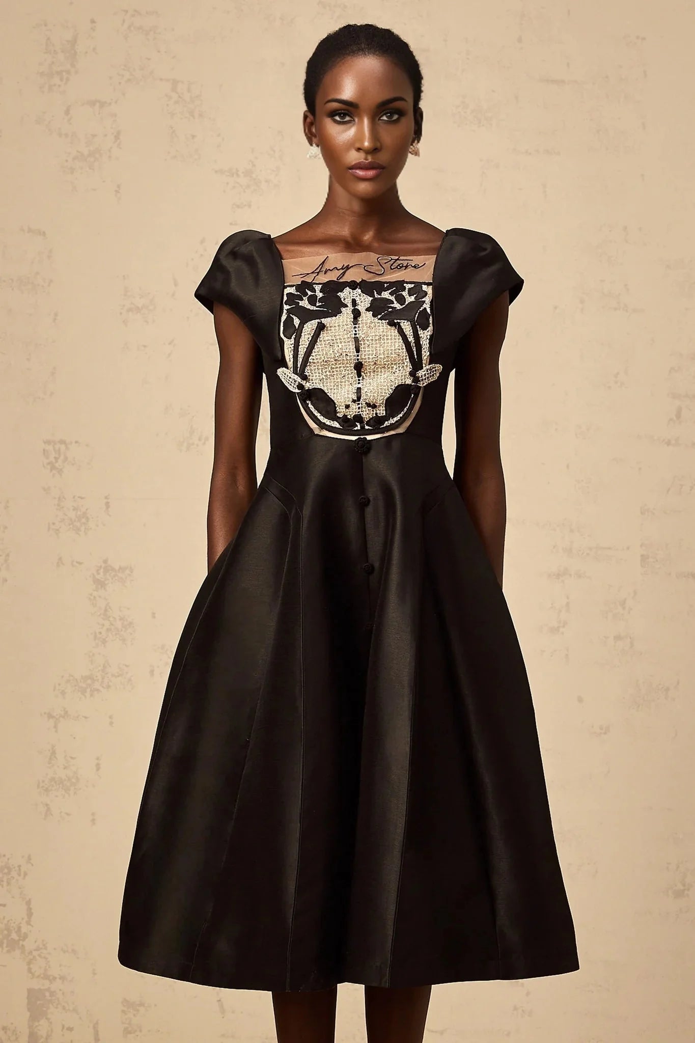 Paris Midi Dress Black Satin Floral Appliqu Tulle Paneling Square Neck Zip Fastening