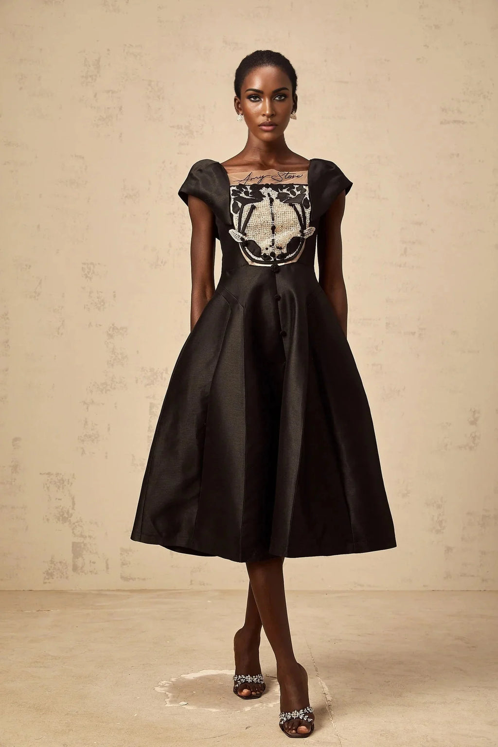 Paris Midi Dress Black Satin Floral Appliqu Tulle Paneling Square Neck Zip Fastening