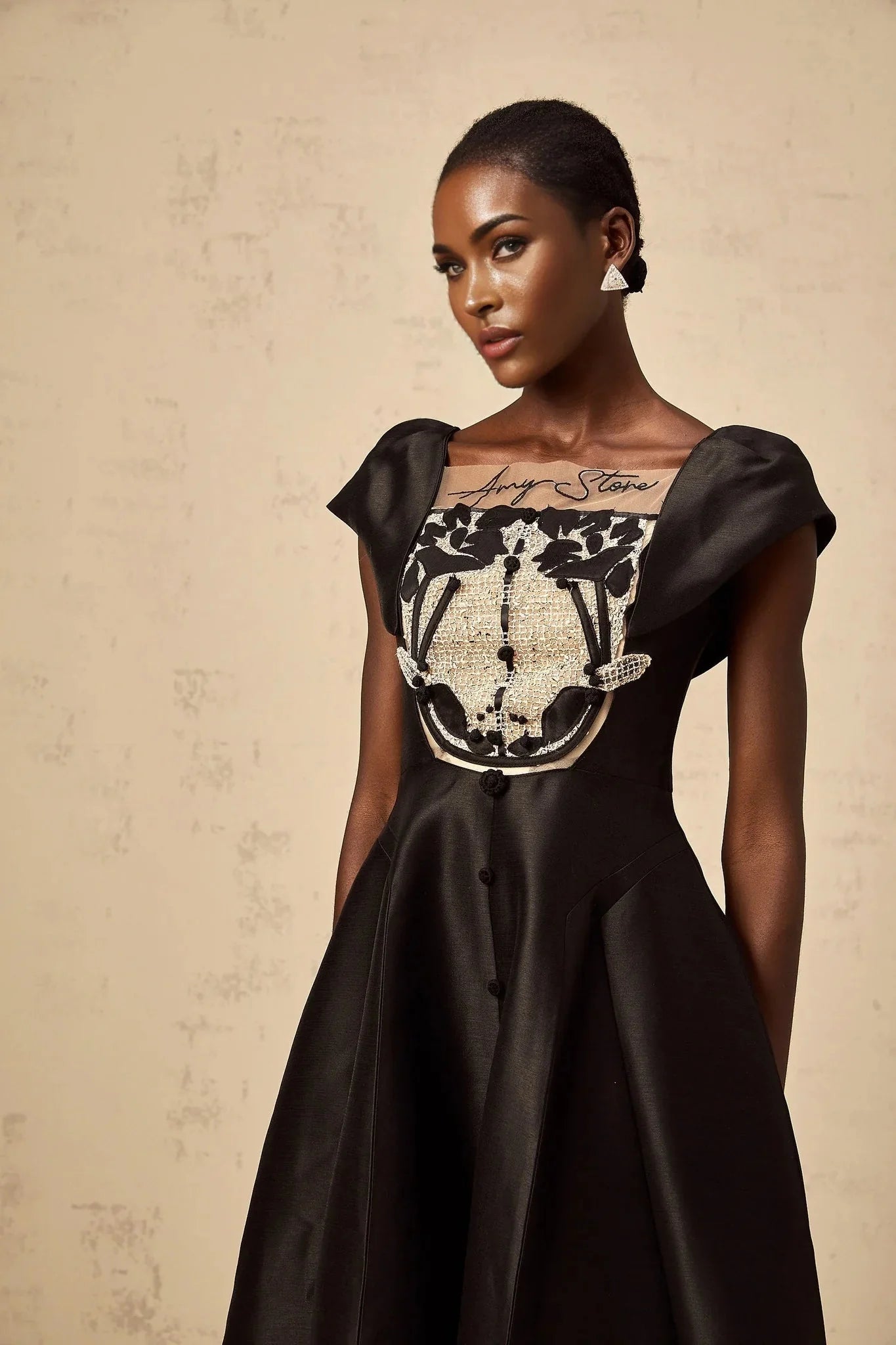 Paris Midi Dress Black Satin Floral Appliqu Tulle Paneling Square Neck Zip Fastening