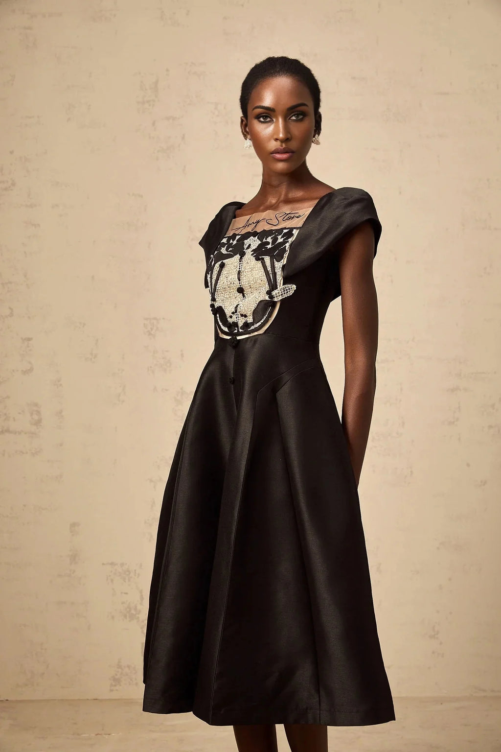 Paris Midi Dress Black Satin Floral Appliqu Tulle Paneling Square Neck Zip Fastening