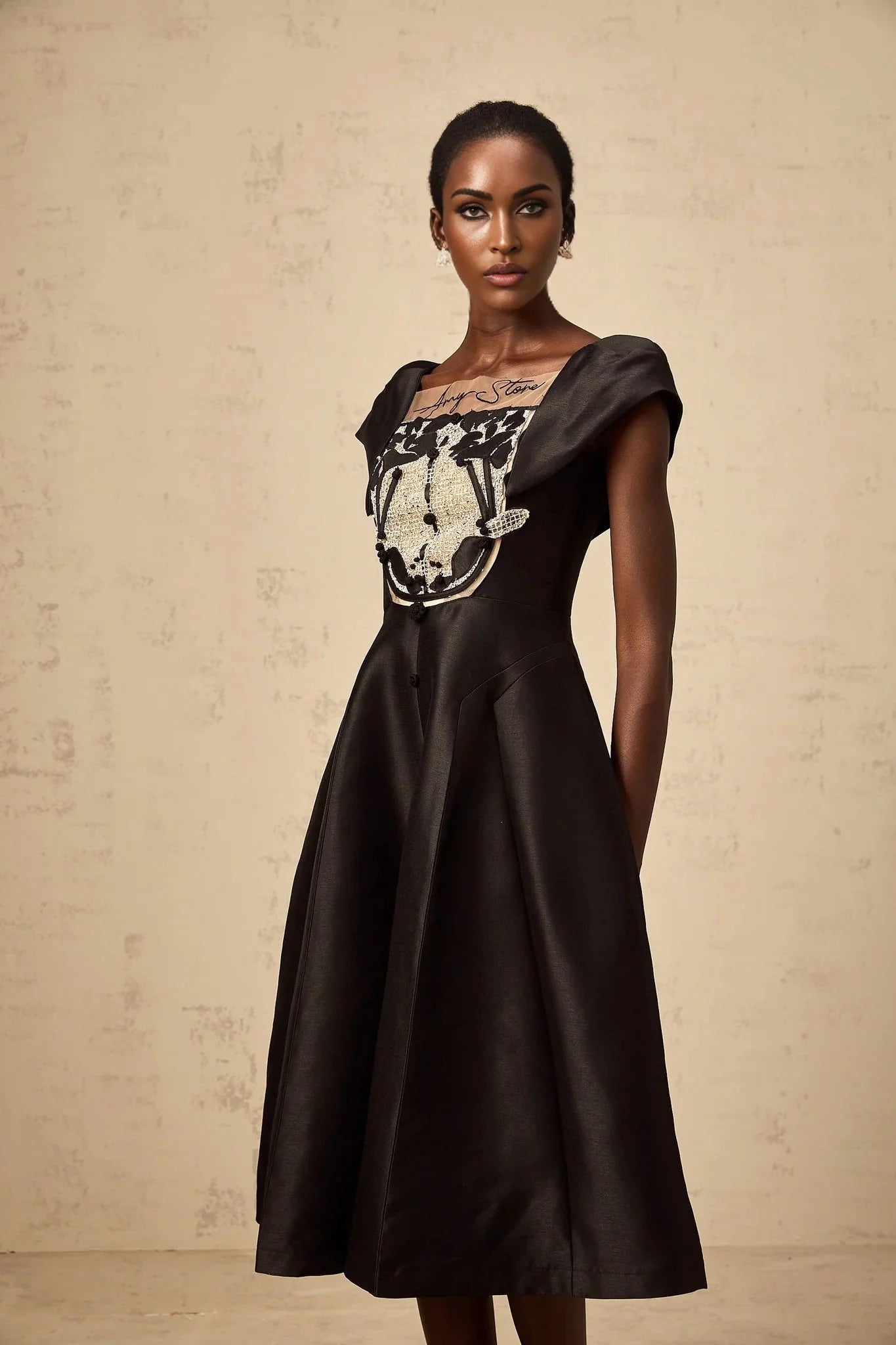 Paris Midi Dress Black Satin Floral Appliqu Tulle Paneling Square Neck Zip Fastening
