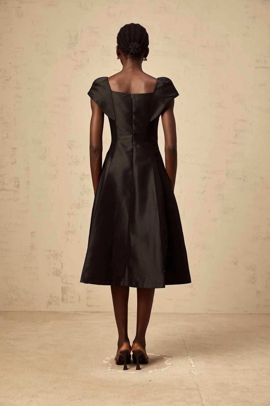 Paris Midi Dress Black Satin Floral Appliqu Tulle Paneling Square Neck Zip Fastening