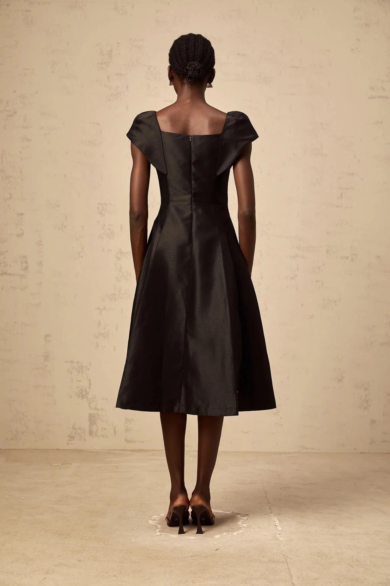 Paris Midi Dress Black Satin Floral Appliqu Tulle Paneling Square Neck Zip Fastening