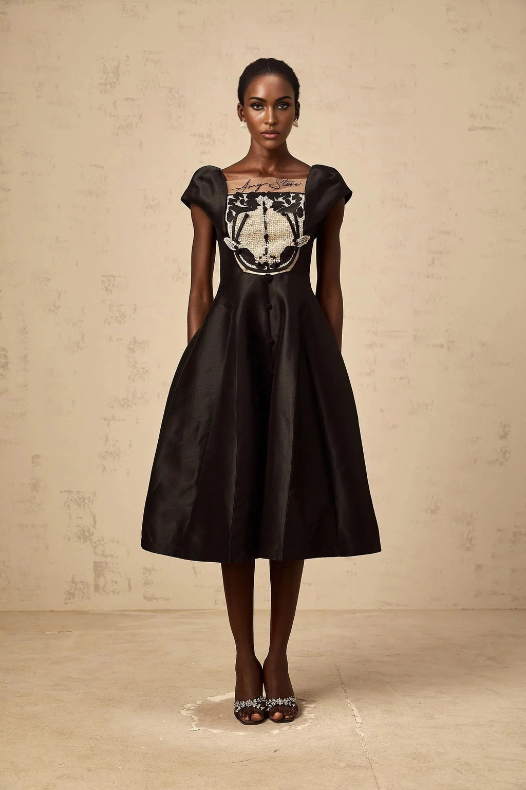 Paris Midi Dress Black Satin Floral Appliqu Tulle Paneling Square Neck Zip Fastening