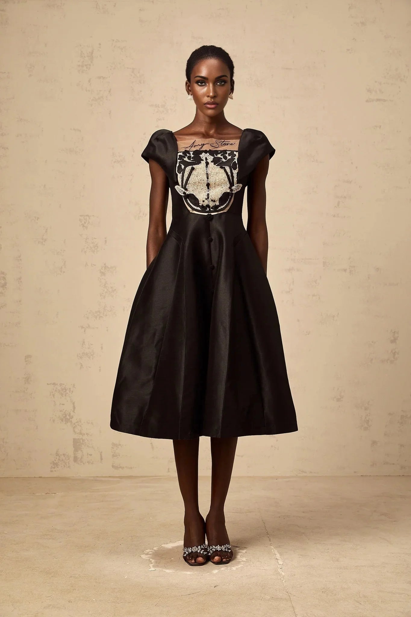 Paris Midi Dress Black Satin Floral Appliqu Tulle Paneling Square Neck Zip Fastening