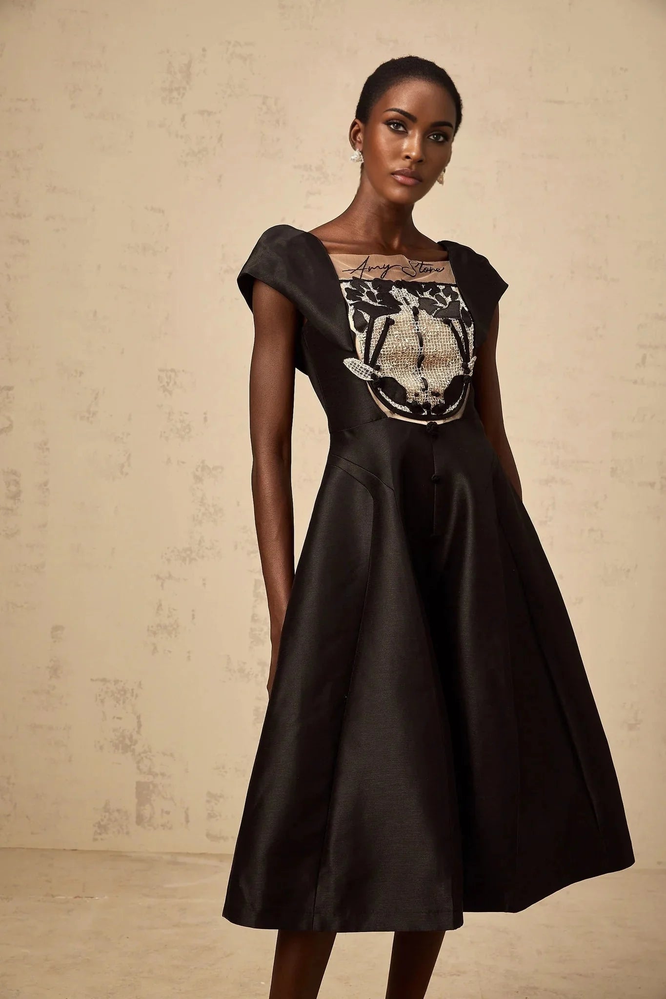 Paris Midi Dress Black Satin Floral Appliqu Tulle Paneling Square Neck Zip Fastening