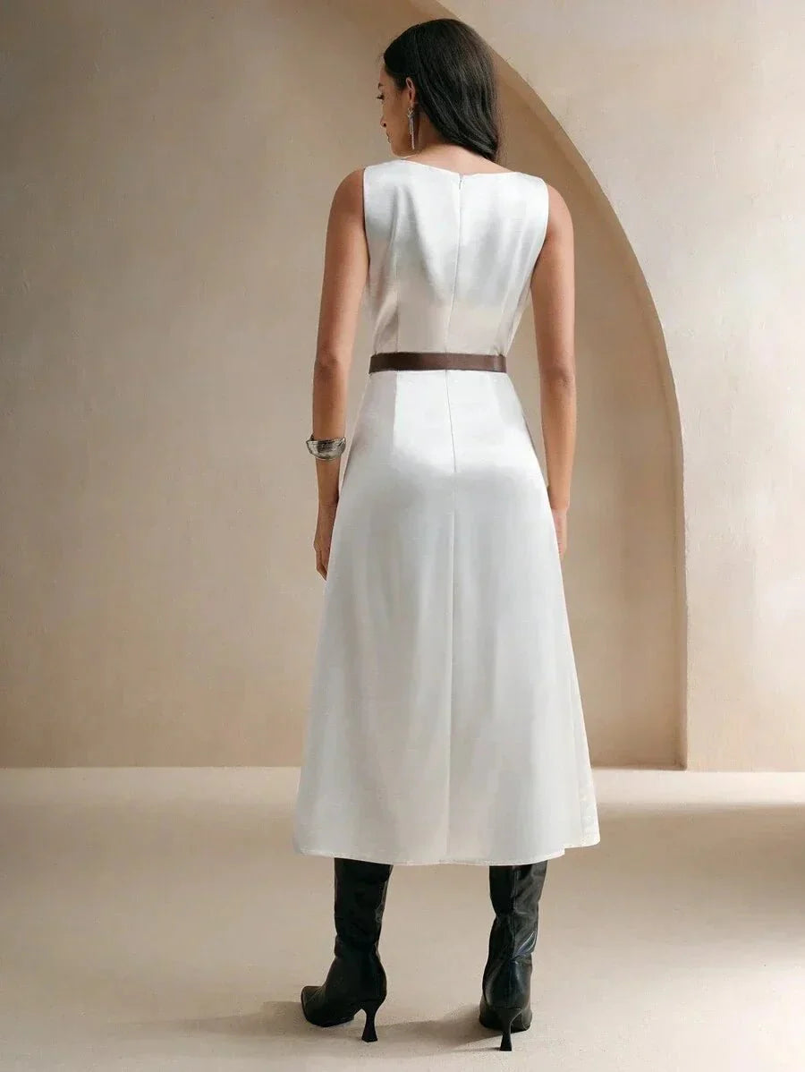 Paris Midi Dress - Round Neck - Arm Sleeves - High Waist - Elegant - Appliques